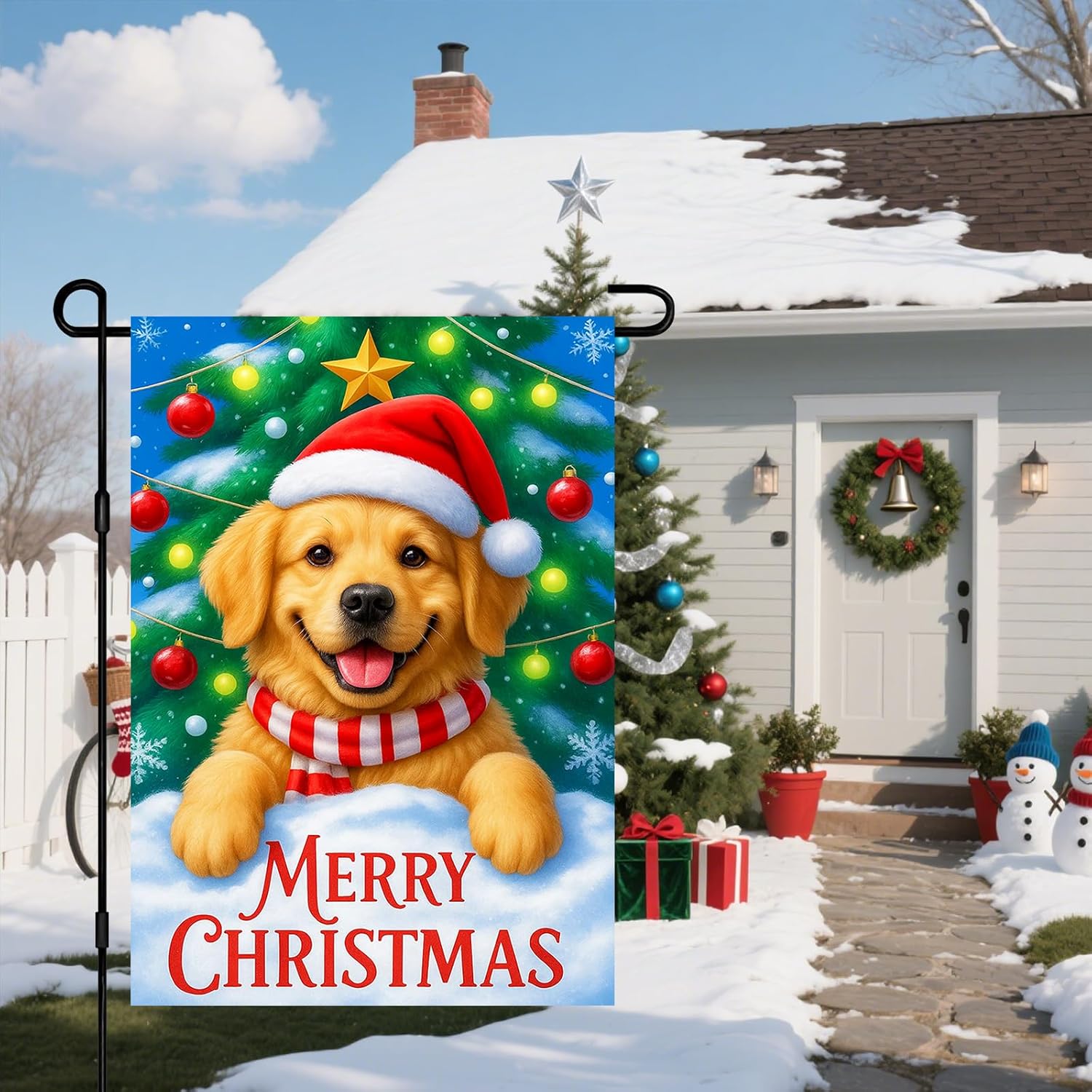 IVN Christmas Golden Retriever Dog Santa Garden Flag 12x18 Inch Double Sided Winter Christmas Decorations Joy Snow Tree Hat Outdoor Dog Yard Flag for Outside Xmas Home Front Door Lawn Porch Patio Welcome Decor - Image 6