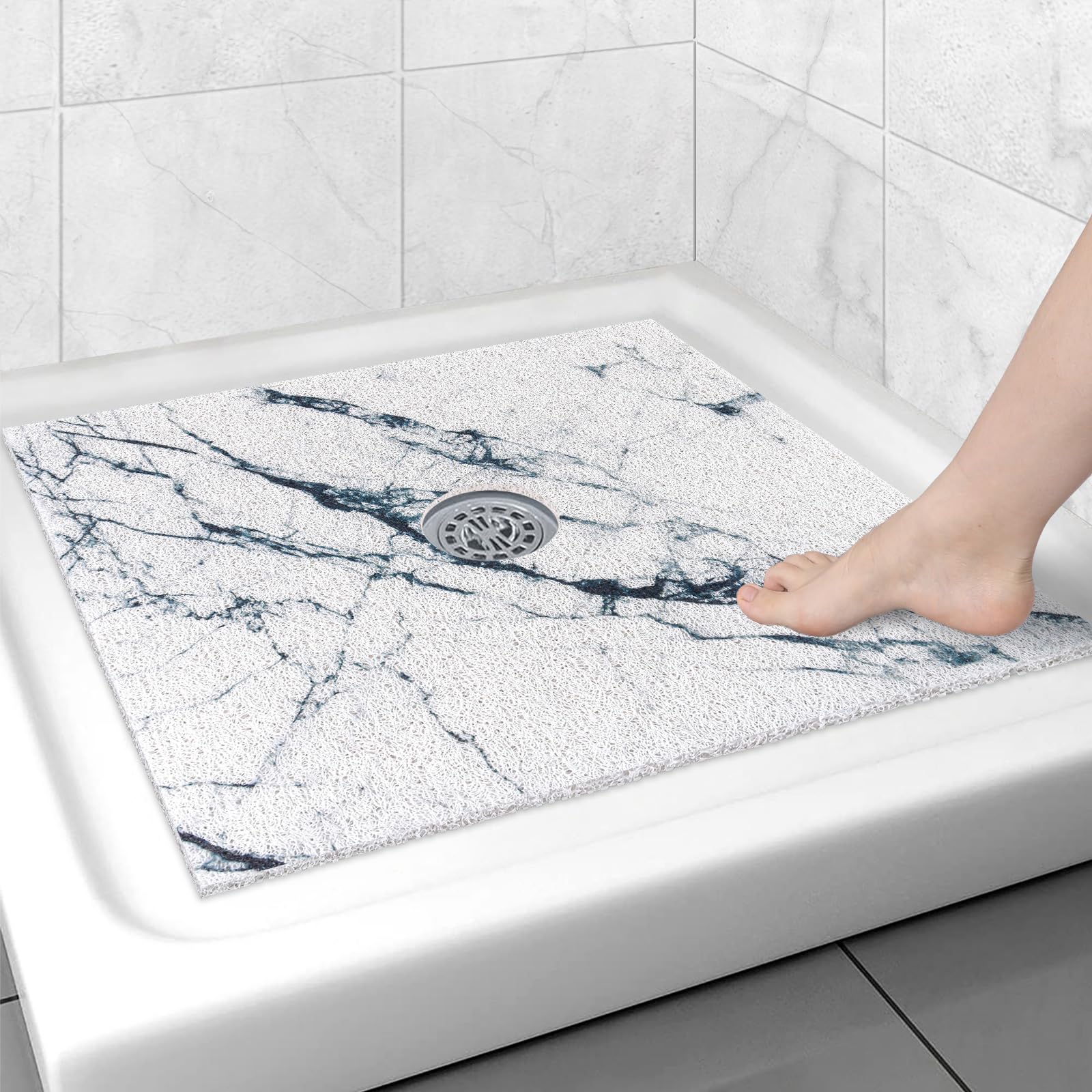 Square Shower Mat Non Slip: 27x27 Inch Shower Floor Mat with Drain Hole in Middle, Super Soft and Comfortable PVC Loofah Massage Bath Mat for Shower,