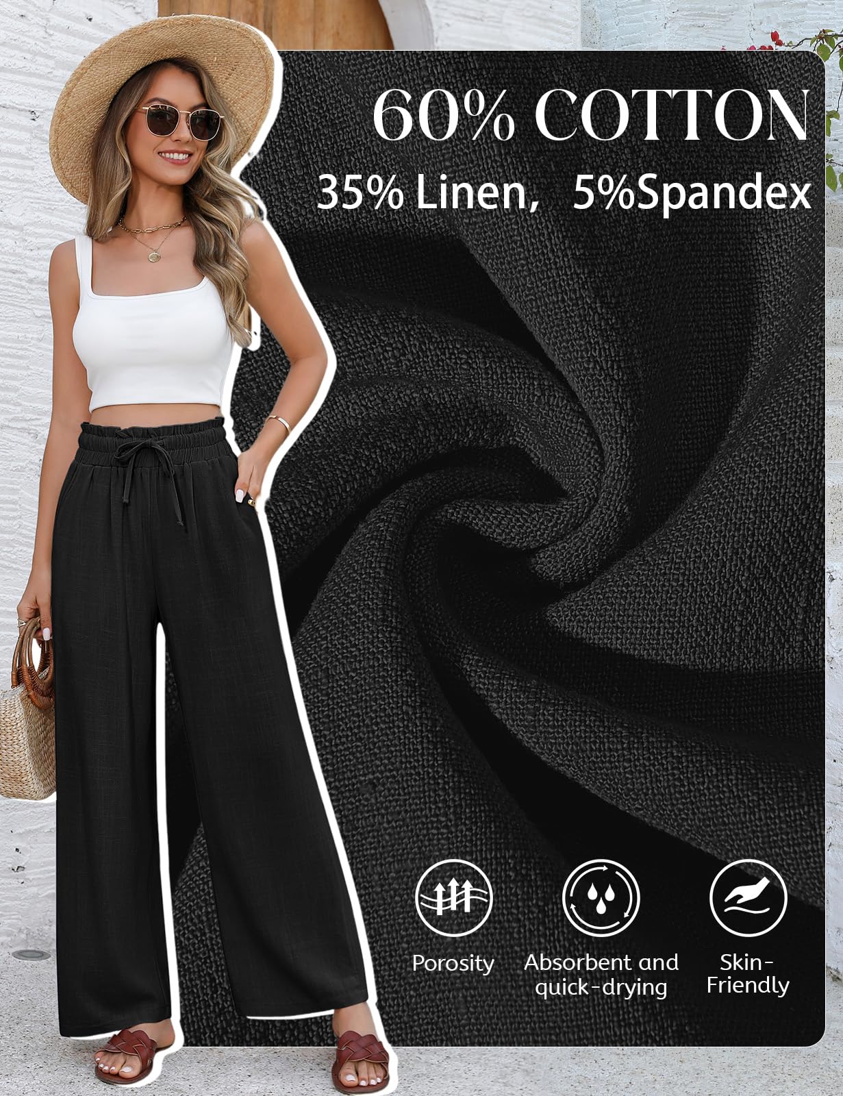 UMIPUBO Pantalon Lin Femme Été Coton Fluide Large Elegant Décontracté Pantalon Taille Haute Élastique avec Cordon Léger Jogging Pants de Plage avec Poches