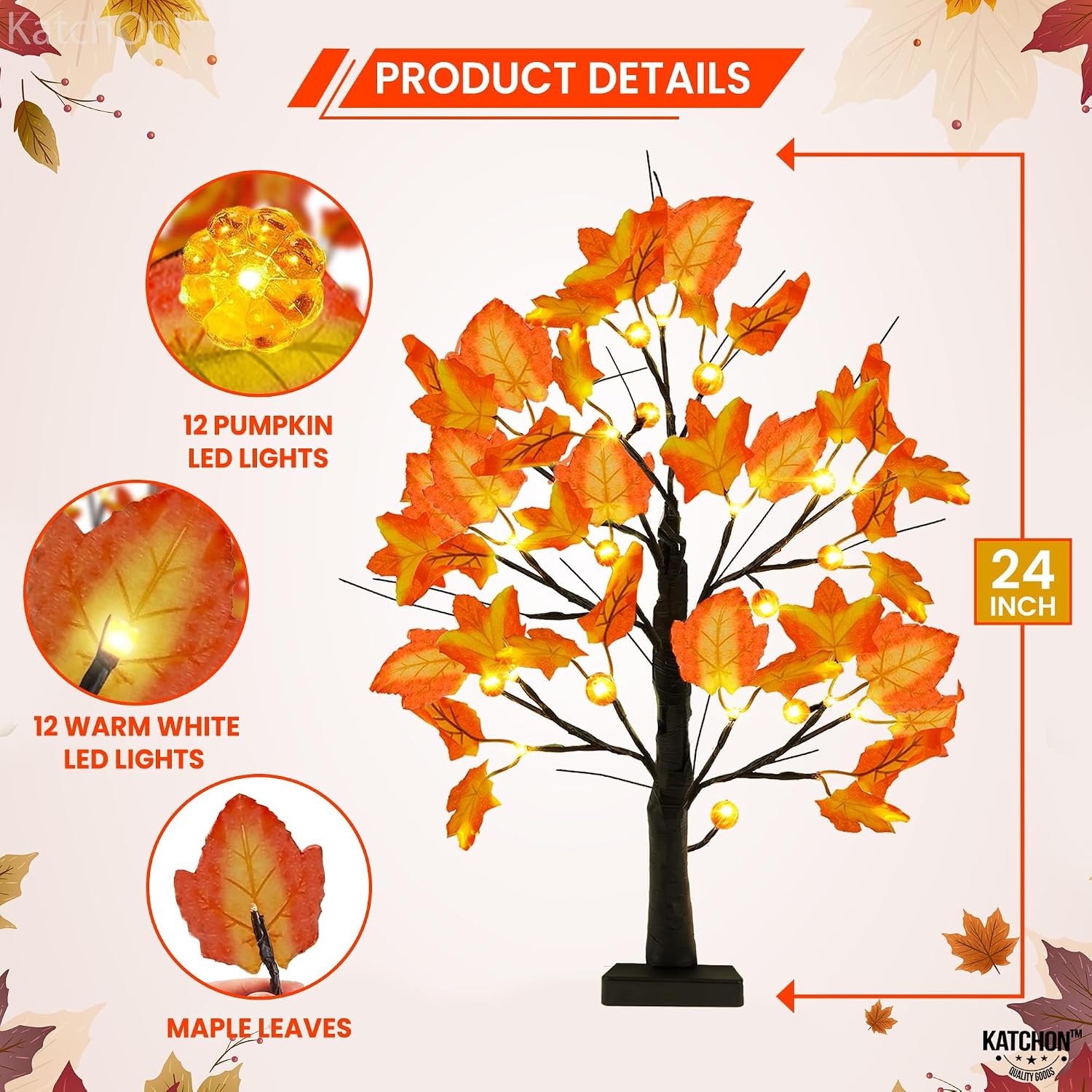 KatchOn, Artificial Maple Tree with Lights - 24 Inch, 24 LED Lighted Fall Tree for Home Indoor, Fall Decorations for Home Office, Fall Thanksgiving Decorations | Autumn Harvest Table Decor