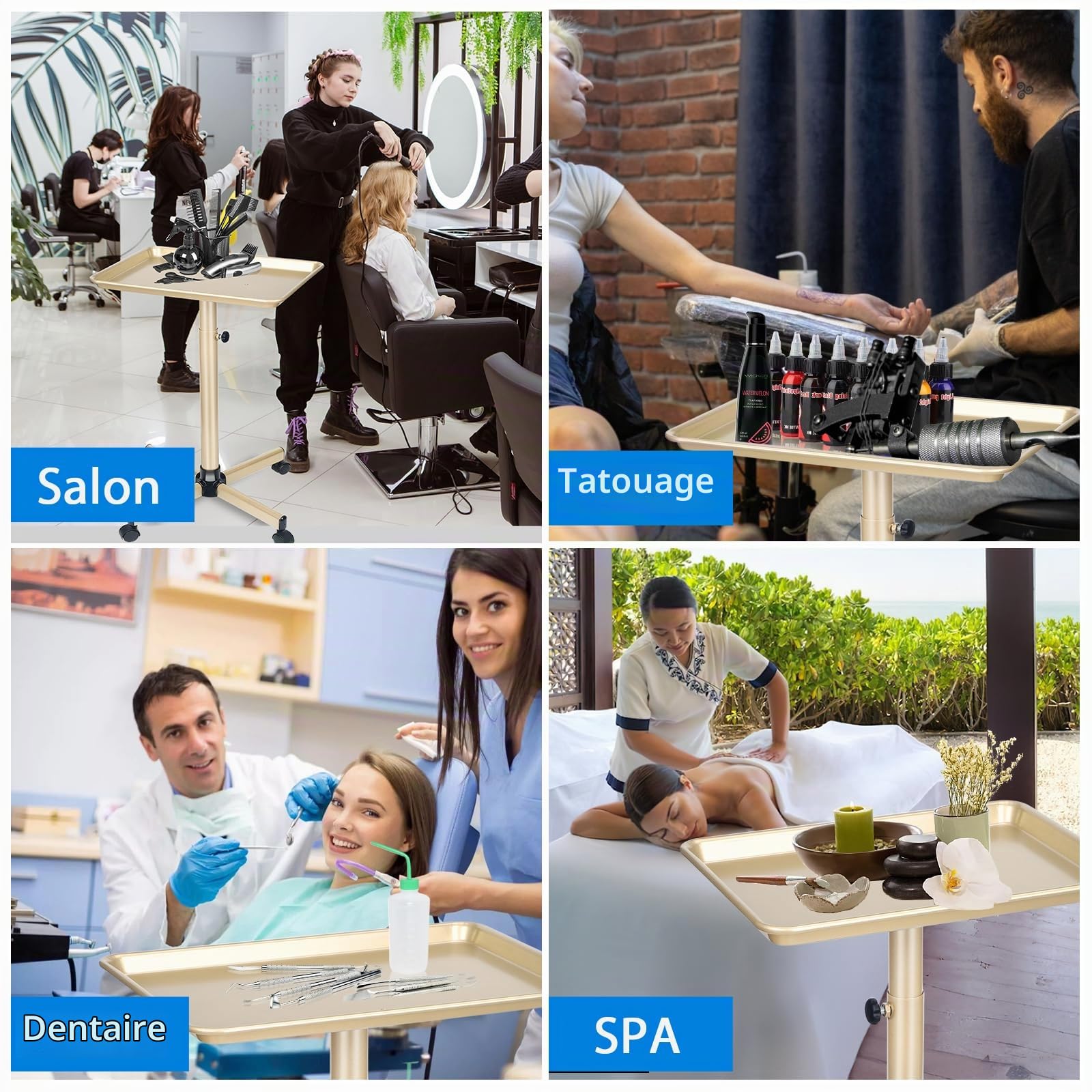 Plateau à roulettes pour salon de coiffeur avec hauteur réglable pour salon et spa, plateau de tatouage et plateau dentaire