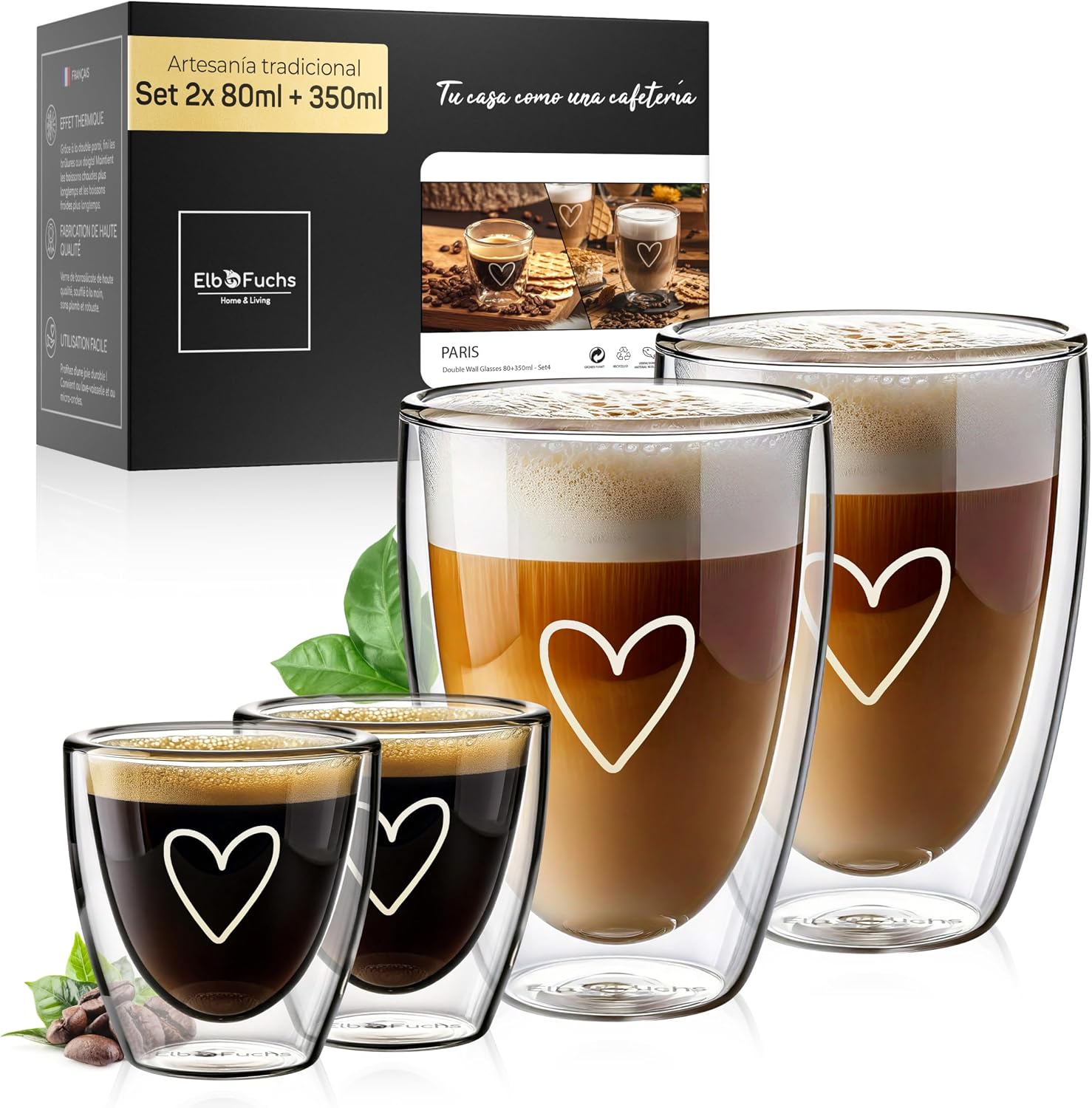 ElbFuchs® Juego combinado vasos para latte macchiato + vasos para espresso
