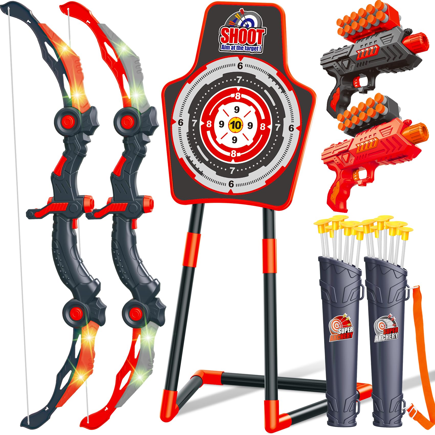 GMAOPHY 2 Pack Bow and Arrow Toy for 5 6 7 8 9 10 11 12 Year Old Boys, Birthday for Kids, Indoor Outdoor Sport Games Toys for Ages 4-8 8-12, LED Light Up Archery Set with 20 Toy Arrows (Red)