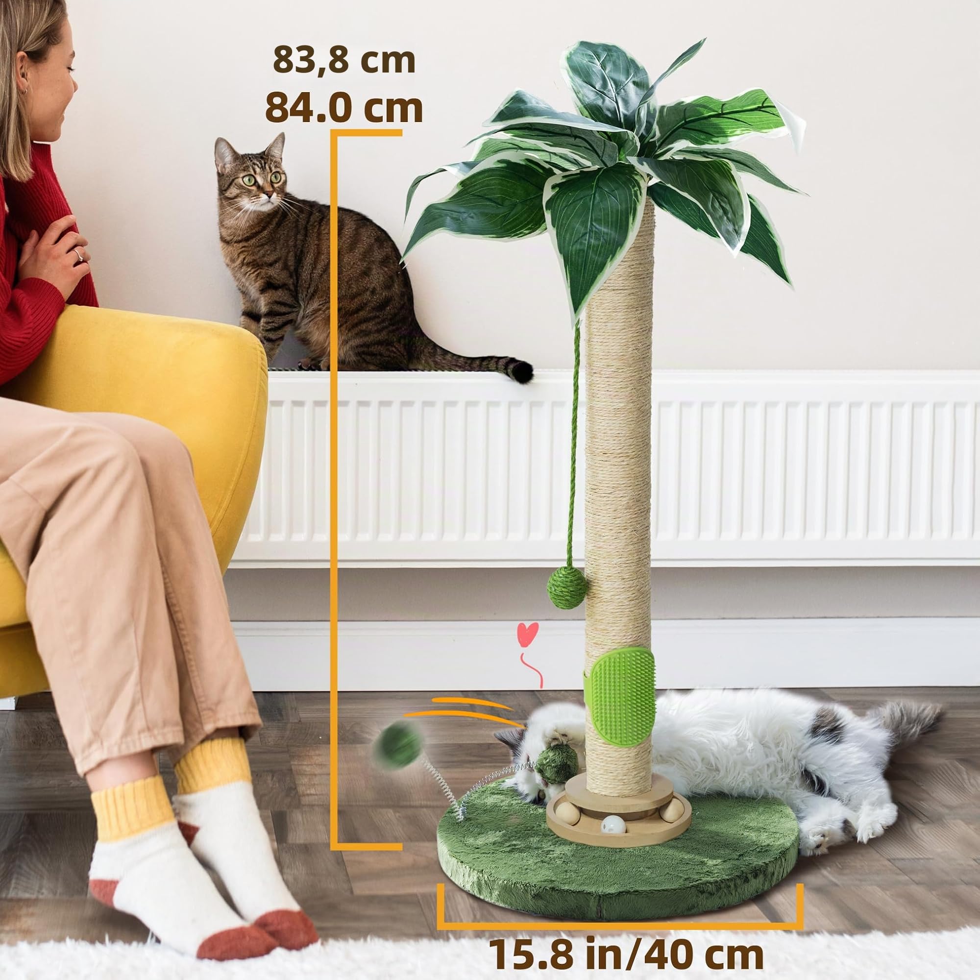 Fantasreen Griffoir pour Chat Griffoir à 84cm pour Chats d'intérieur avec Jouet pour Chat et Balle Interactive Auto-Groomer pour Chatons et Chats Adultes