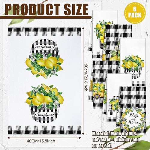 Miniatura 2 de Redbaker 6 toallas de cocina de limón divertidas de verano, toallas de mano a cuadros amarillos y negros, toallas de cocina decorativas para
