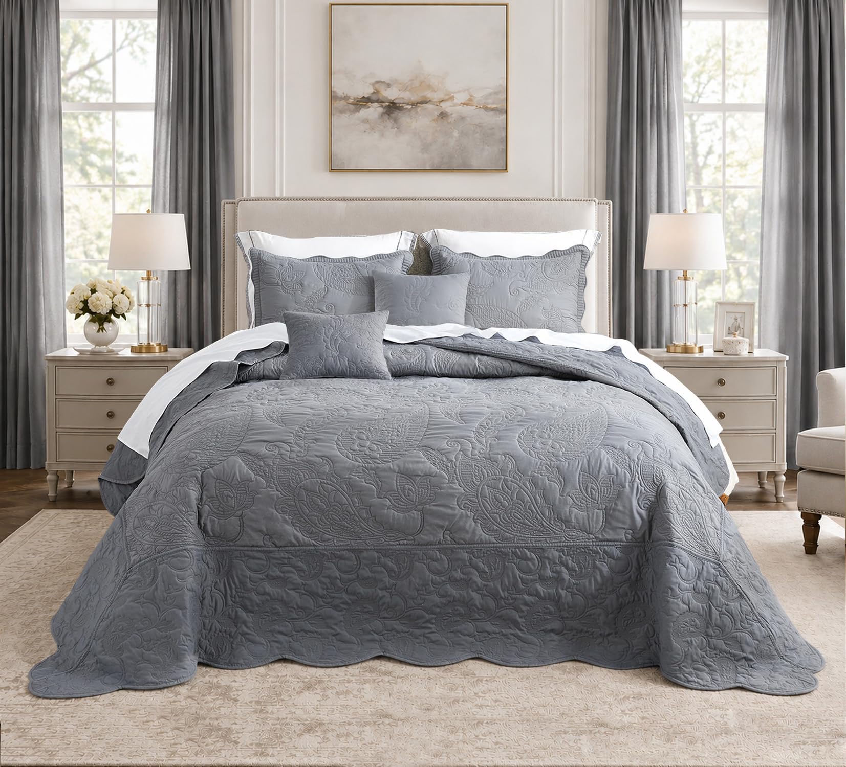 HZ &amp; HY Oversized Alaskan King Bedspreads 138x122, Paisley, Ultimate Gray