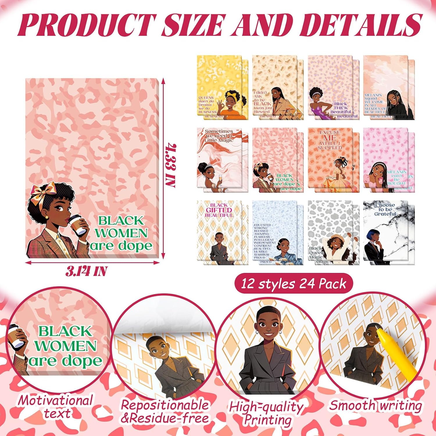 Sinmoe 24 Pcs Black Girl Motivational Cheetah Leopard Print Sticky Notes image 2