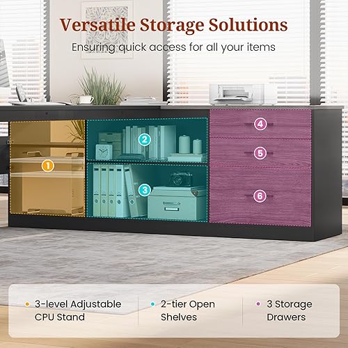 Miniatura 4 de Escritorio ejecutivo de 71 pulgadas, escritorio de oficina grande con cajones y estantes de almacenamiento, escritorio moderno en forma de L