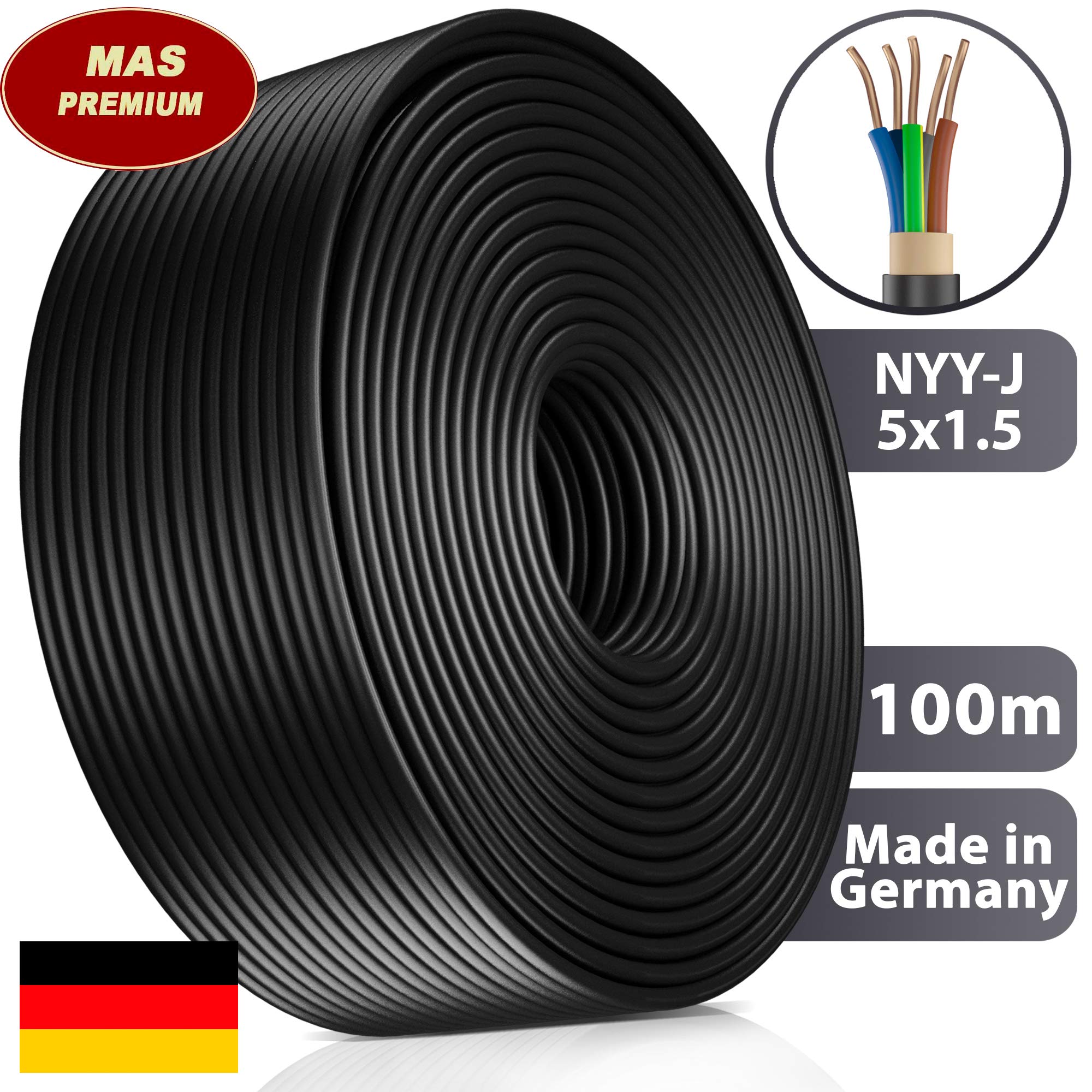 Câble d'alimentation de terre NYY-J, disponible en 5 à 100 m, 5 x 1,5 mm², électrique, avec anneau pour pose en extérieur, en sous-sol, 100 m