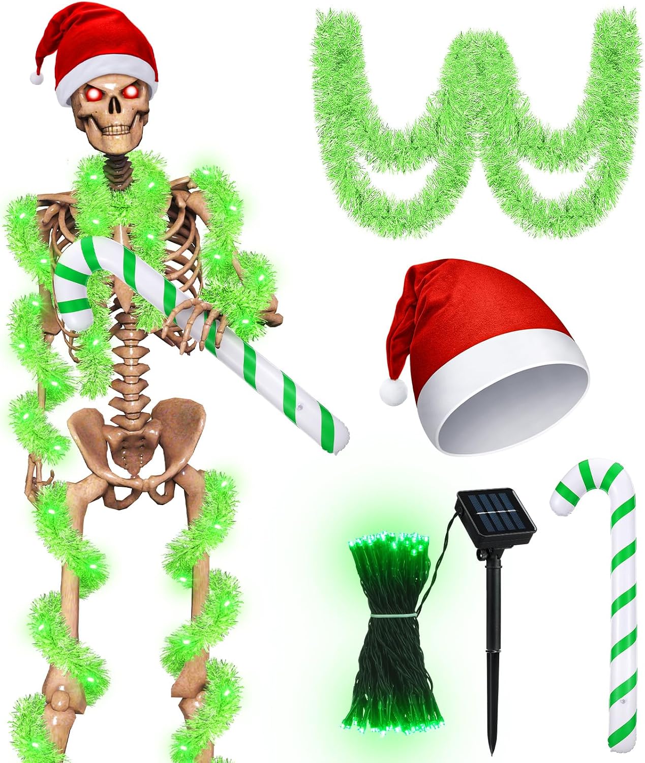 Cozypower Christmas 12 ft Skeleton Santa Outfit Accessory Santa Hat Tinsel Garlands String Light Inflatable Candy Cane(Lime Green)