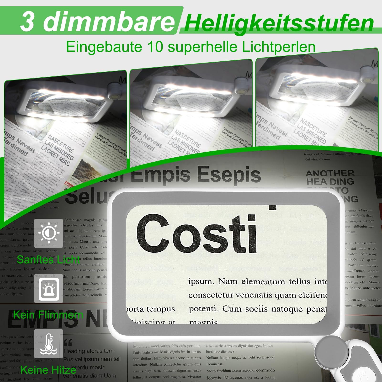 Wiederaufladbares 6-faches Vergrößerungsglas zum Lesen - Handliches Seitenvergrößerungsglas mit Licht für Sehbehinderte Senioren - Leichtgewichtige LED-Lupe zum Lesen/Zeitungen/Kleingedrucktem