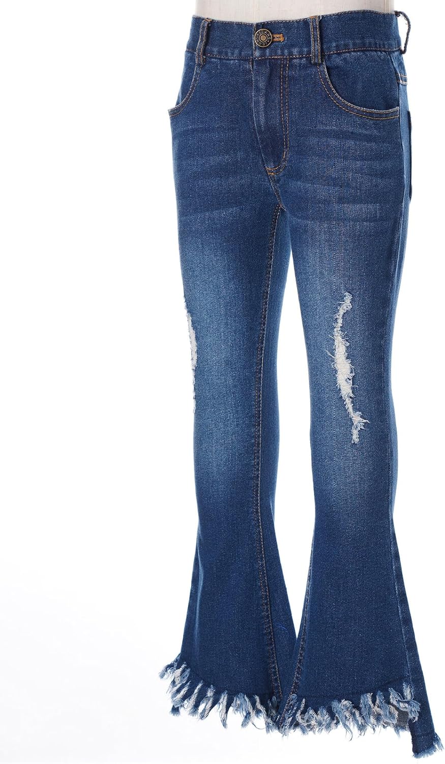 Kids Girls Casual Ripped Holes Bell Bottom Jeans Youth Washed Blue High Waist Flare Denim Pants