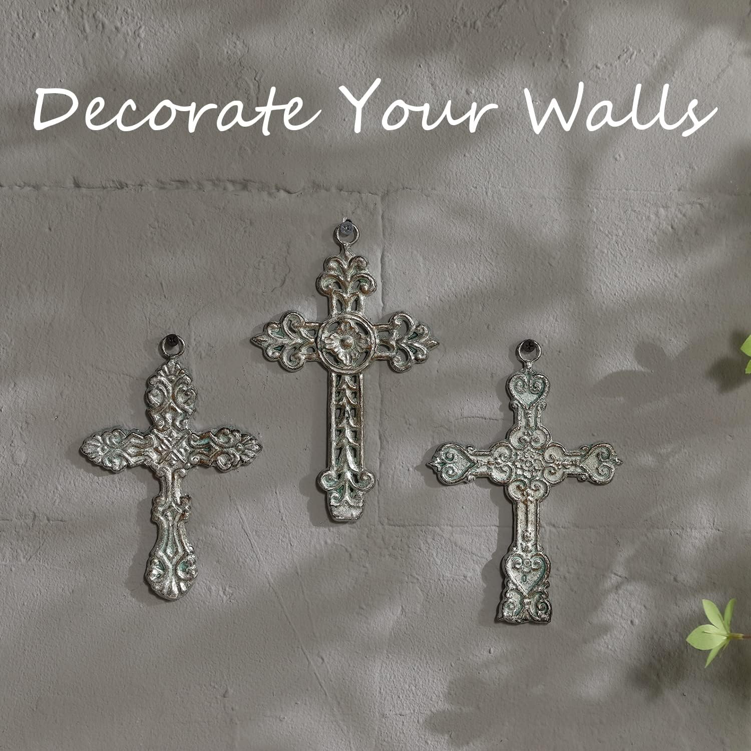 3 Pcs Decorative Wall Crosses, Cast Iron Cross Wall Decor, Antique Hanging Cross for Wall, Metal Floral Spiritual Crosses Art for Home Living Room Office Outdoor Decoration - 4.33" x 6.69", Green