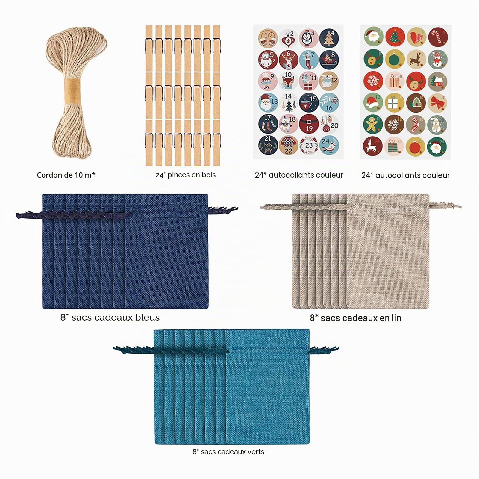 Carehabi - 24 calendriers de l'Avent à remplir, sacs en tissu, calendrier de Noël (24 sacs en tissu, 48 autocollants chiffres de l'Avent, 24 pinces en bois, 10 m de corde de chanvre) Lin/Vert/Bleu