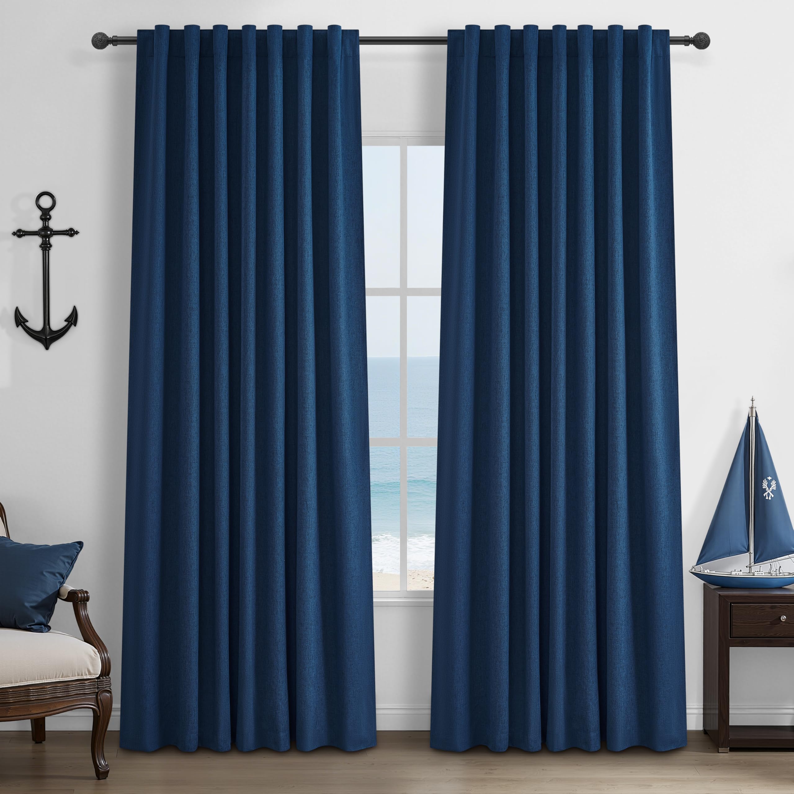 Navy Blue Blackout Curtains 90 Inch Length for Kids/Boys Rooms/Bedroom, Floor to Ceiling Track Pleated Drapes with Hooks Linen Thermal Coastal Curtain Dark Blue Window Burg 50"Wx90"Lx 2Panels Back Tab โ image 1