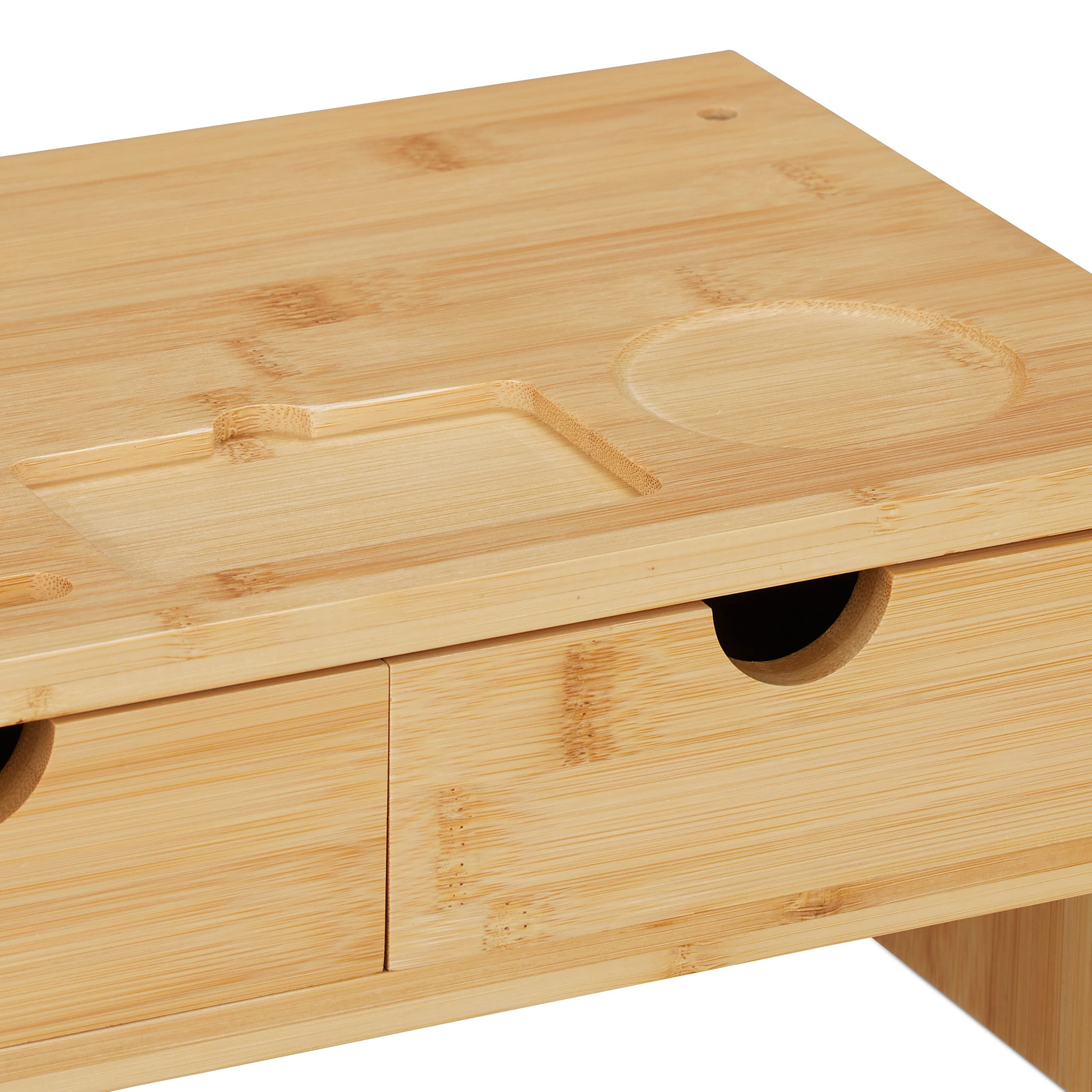 Relaxdays Supporto per Monitor, Rialzo per Schermo PC, Scomparto Porta Cellulare e 2 Cassetti, 14x54x23 cm, Naturale