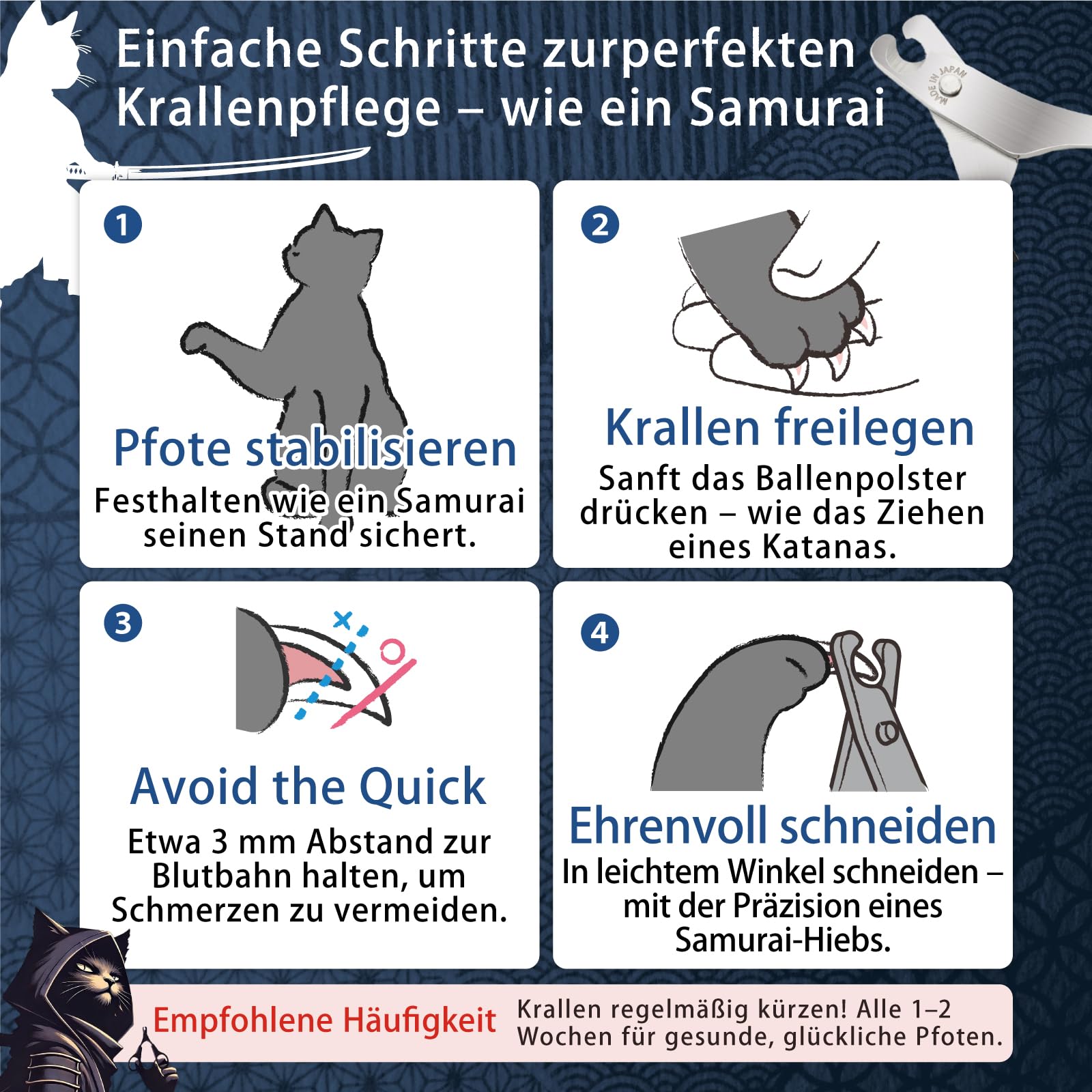 HIBINO Samurai-Qualität Krallenschere Katzen – Tierarzt empfohlen | Katzen Krallenschneider für stressfreies Schneiden | Präzisionsklinge & Rutschfester Griff | Katzen Zubehör Indoor | Made in Japan