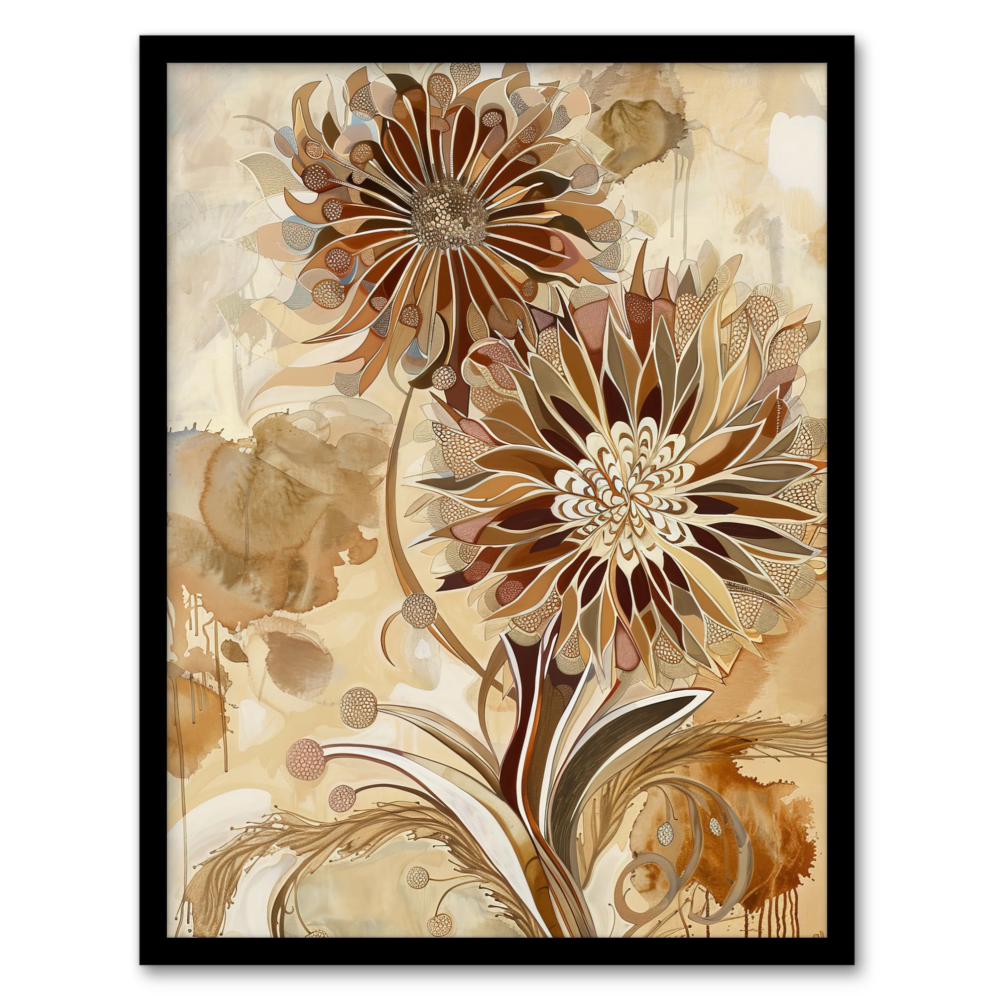 Artery8 Abstract Earthy Wildflowers Floral Mandala Design Living Room Artwork Framed Wall Art Print A4