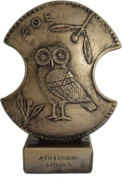 Goddess Athena Shield with owl Design Small Sculpture Symbol of Wisdom Strategy