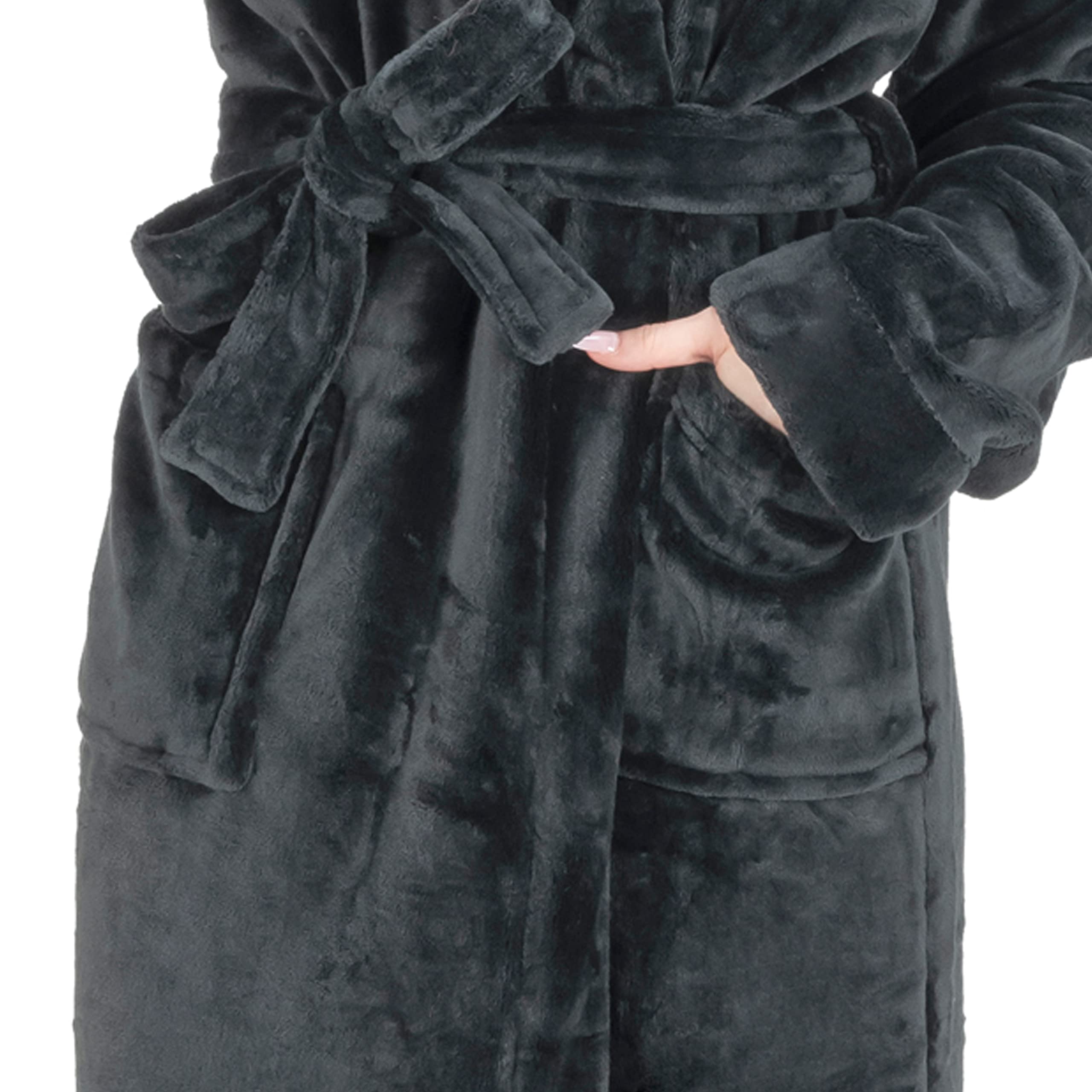MONHOUSE Womens Dressing Gown - Premium Super Soft & Cosy Long Bathrobe - Ladies Thick Flannel Luxury Housecoat - Warm Fluffy Shearling Spa Robe for Her - Sherpa Bathrobe - Black UK 16-18