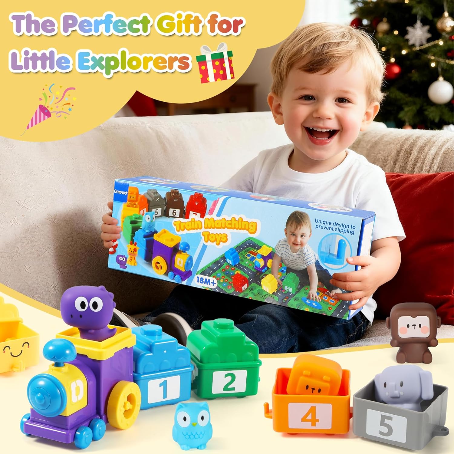 URMYWO Learning Toys for 1 2 3 Years Old Boy Girl, Toddler Montessori Toys, Train Set with 10 Finger Puppets & Play Mat, Counting Matching & Sorting, Toddler Birthday Gift