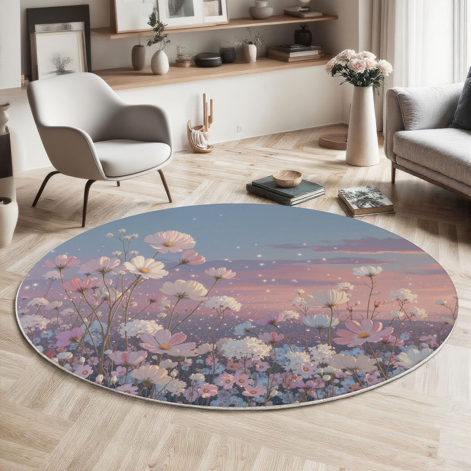 Tapis Rond De Chambre D'Enfant 160 Cm - Fleurs Romantiques Au Clair De Lune Bleu Poudré - Motif Plantes Oniriques - Moelleux Et Antidérapant - Tapis De Salon À Poils Courts - Lavable - Moderne Doux