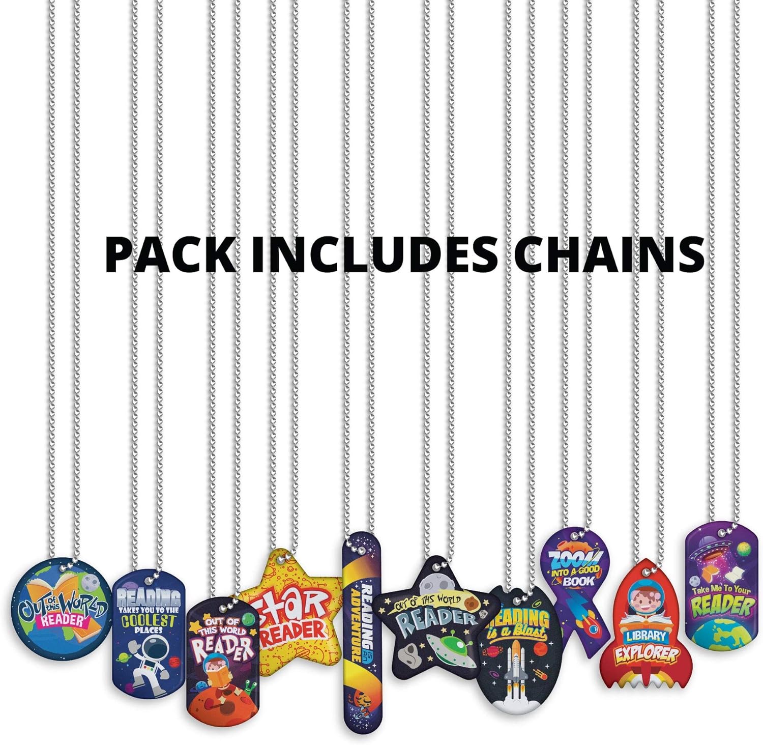 Encourage, Motivate, and Build Young Readers Skills and Habits Brag Tag Value Pack: 500 Tags (50 Tags for Each Shape) + 150 USA-Made Hypoallergenic Aluminum Safety Chains