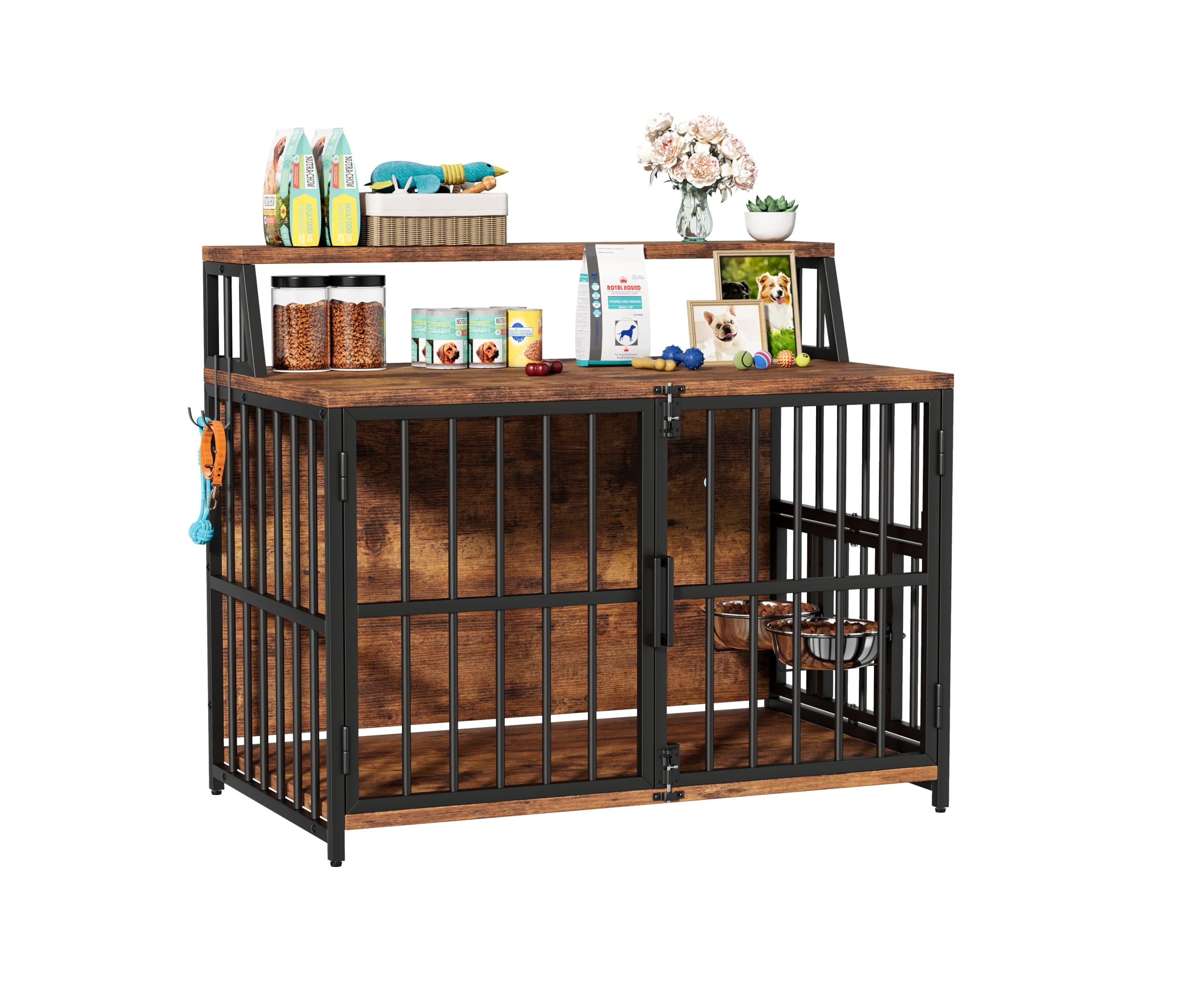 Gabbia per cani per la casa, 100 x 60 x 85 cm, gabbia per cani in legno con ciotole orientabili, cuccia in stile mobili con spazio per cani fino a 35 kg