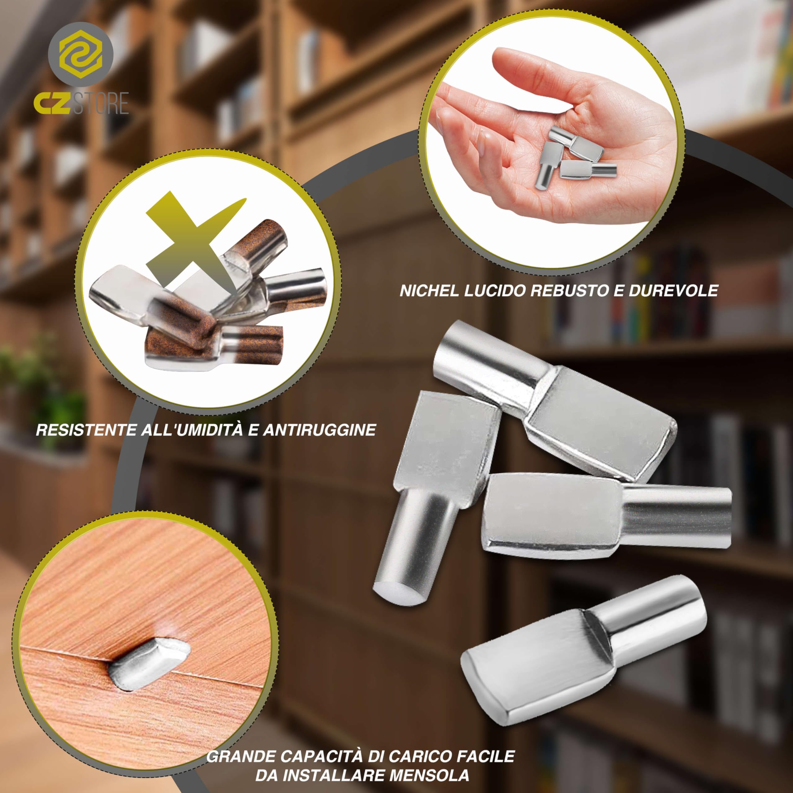 Perni di Supporto per Mensole e Scaffali -✮GARANZIA A VITA✮- Tasselli Metallici 5mm Reggi Mensola - Pioli per Mensola, Scaffalatura, Libreria, Mobili - Confezione da 100 con Valigetta