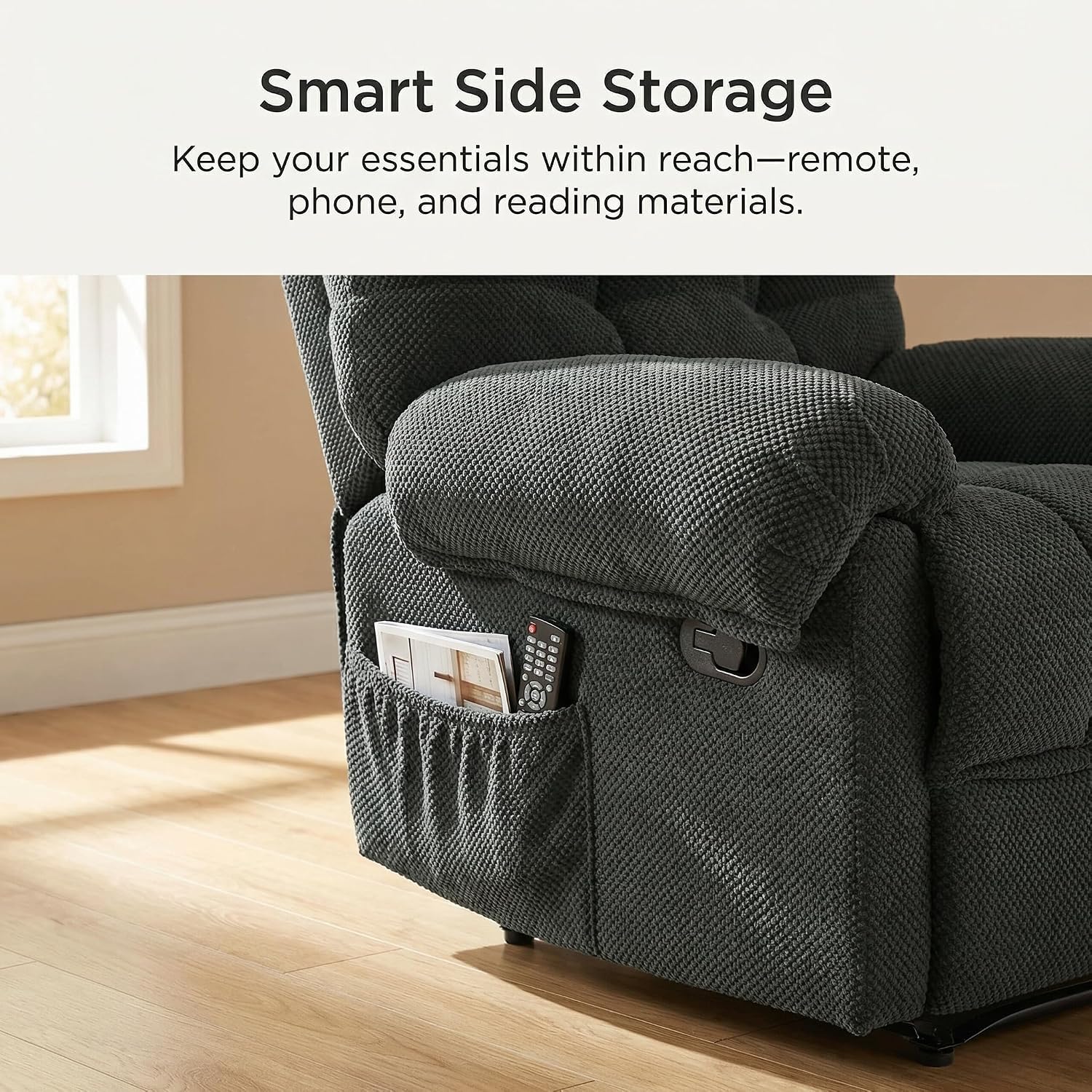 GRAVFORCE Oversized Recliner Chair, Manual Recliner with Overstuffed Arms and Back, Breathable Fabric Single Sofa with Storage Side Pocket for Living Room(Dark Grey)