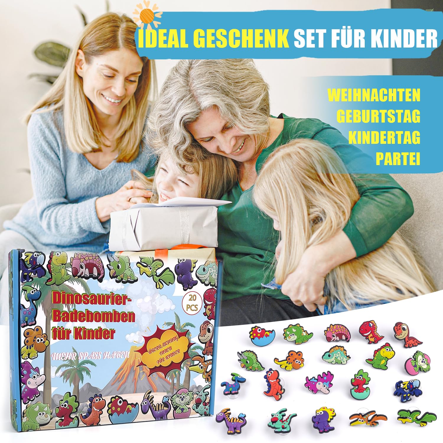 20 Badebomben für Kinder mit Dinosaurier-Saugnapf-Überraschung im Inneren, ganz natürliche Bio-Badebomben für Mädchen und Jungen zum Geburtstag, Weihnachten, bunte Sprudelbomben für Kleinkinder