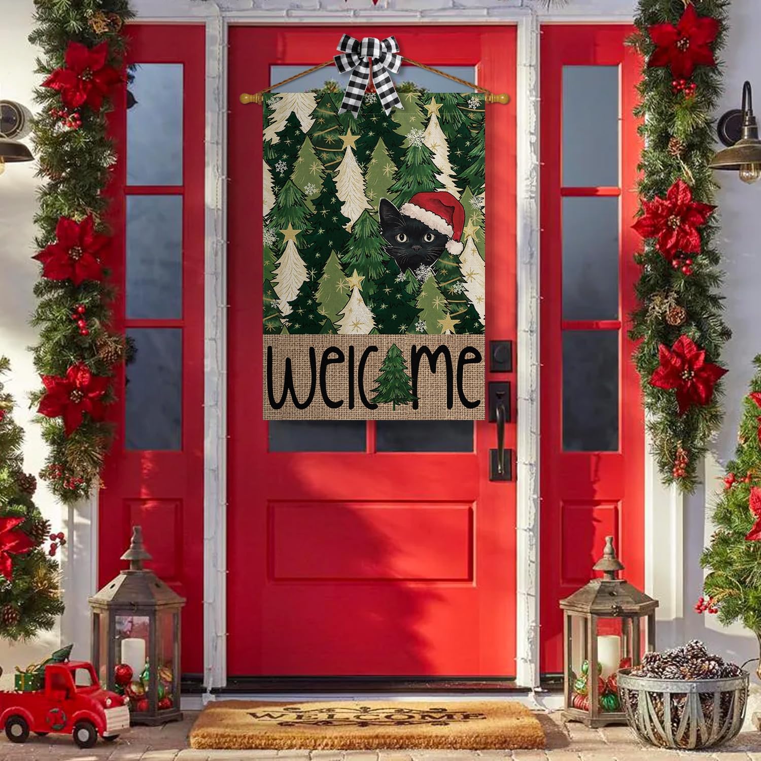 AVOIN colorlife Black Cat Christmas Trees House Flag 28x40 Inch Double Sided Outside, Welcome Winter Holiday Yard Outdoor Flag - Image 3