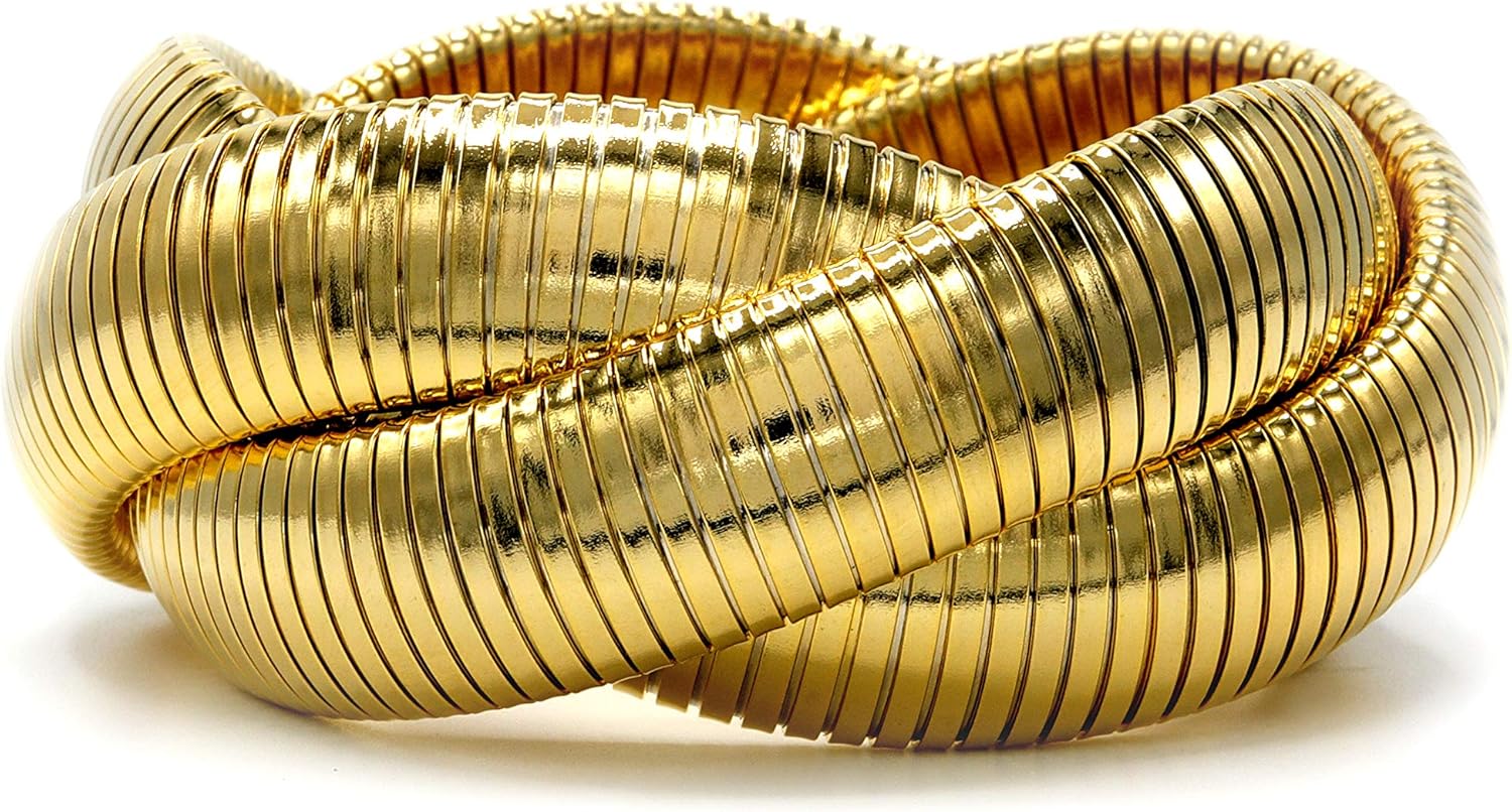 MARSHAL METAL Fashion Set Omega 18k Gold Plated Brass Stretch Tubogas Bracelet (16mm x 3 Combined)