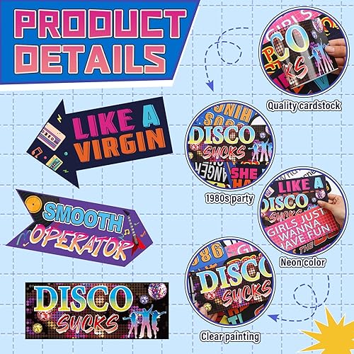 Miniatura 3 de 36 piezas de decoración de fiesta retro de los 80 de neón retro de los años 80 para fotos de regreso a los 80, divertidos recuerdos y suministros