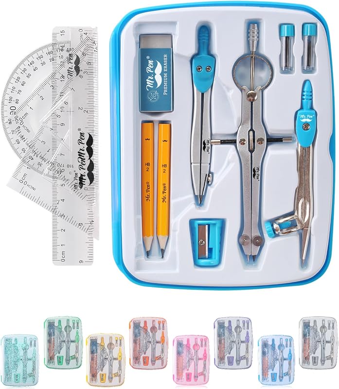 Mr. Pen 13 Piece Geometry Set with Shatterproof Storage Box, Blue | 45° & 30°/60° Set Squares, Pencils, Lead Refills, Sharpener & Eraser for Math, Drafting & Classroom Use