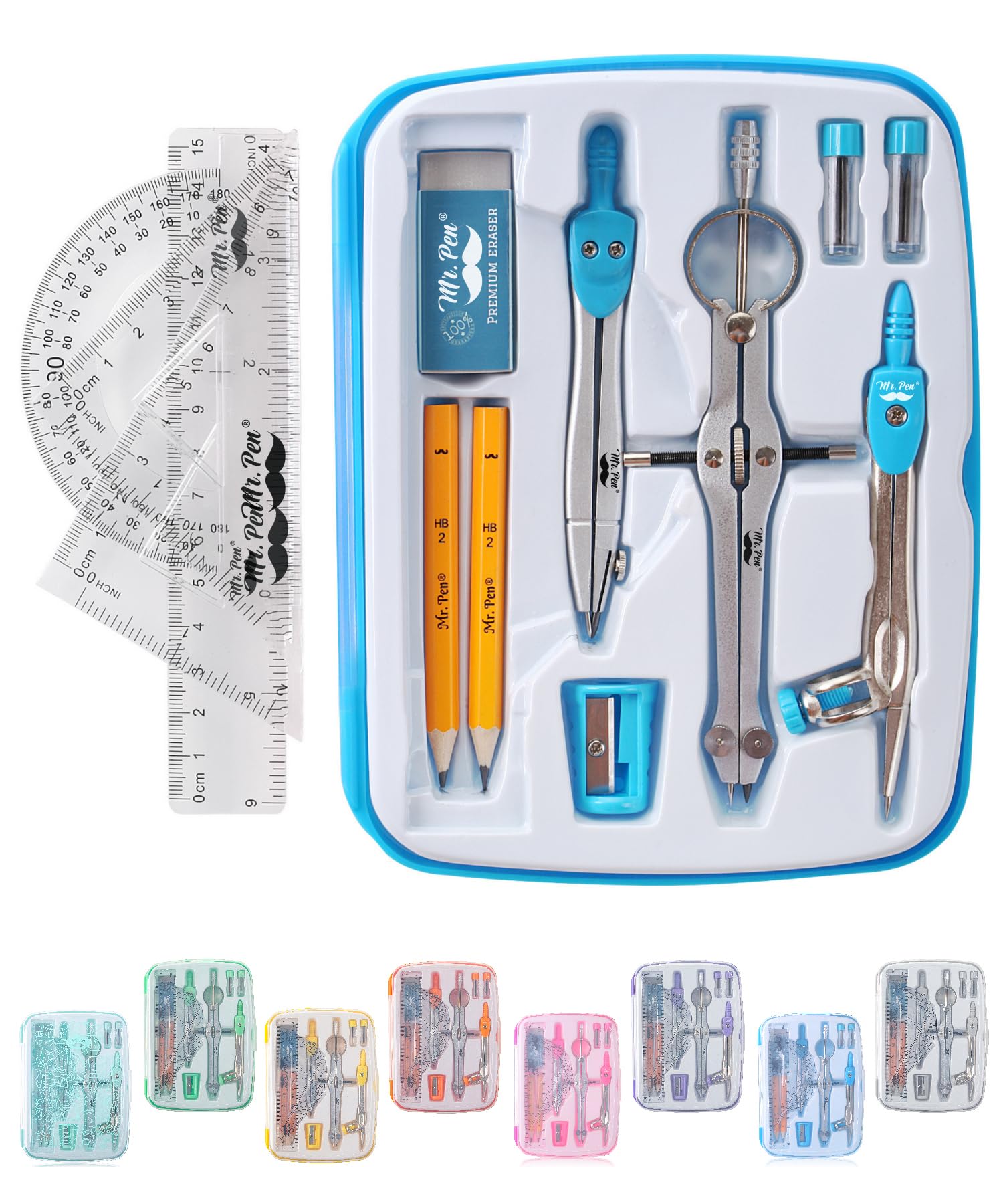 Mr. Pen 13 Piece Geometry Set with Shatterproof Storage Box, Blue