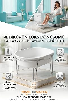 Transformacion Krom Ayaklı Pedikür Leğeni, ABS Plastik, 40x30 cm, Beyaz, Ev Spa Ayak Bakım Küveti