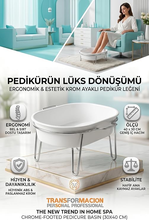 Transformacion Krom Ayaklı Pedikür Leğeni, ABS Plastik, 40x30 cm, Beyaz, Ev Spa Ayak Bakım Küveti