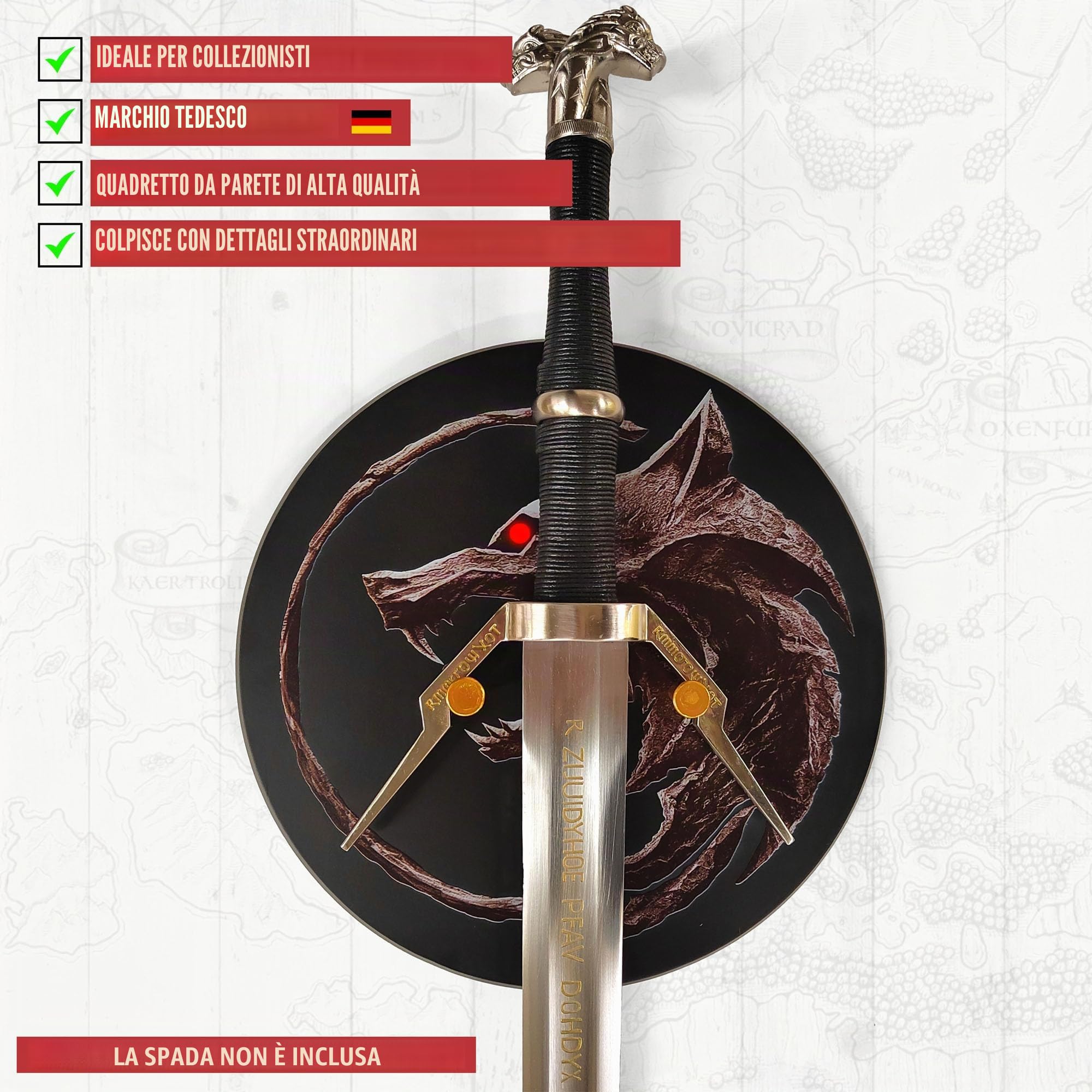 Witcher - Espositore da parete rotondo in legno per spada d'argento & spada d'acciaio di Geralt von Riva, supporto da parete decorativo per collezionisti, cosplay e appassionati di giochi e serie