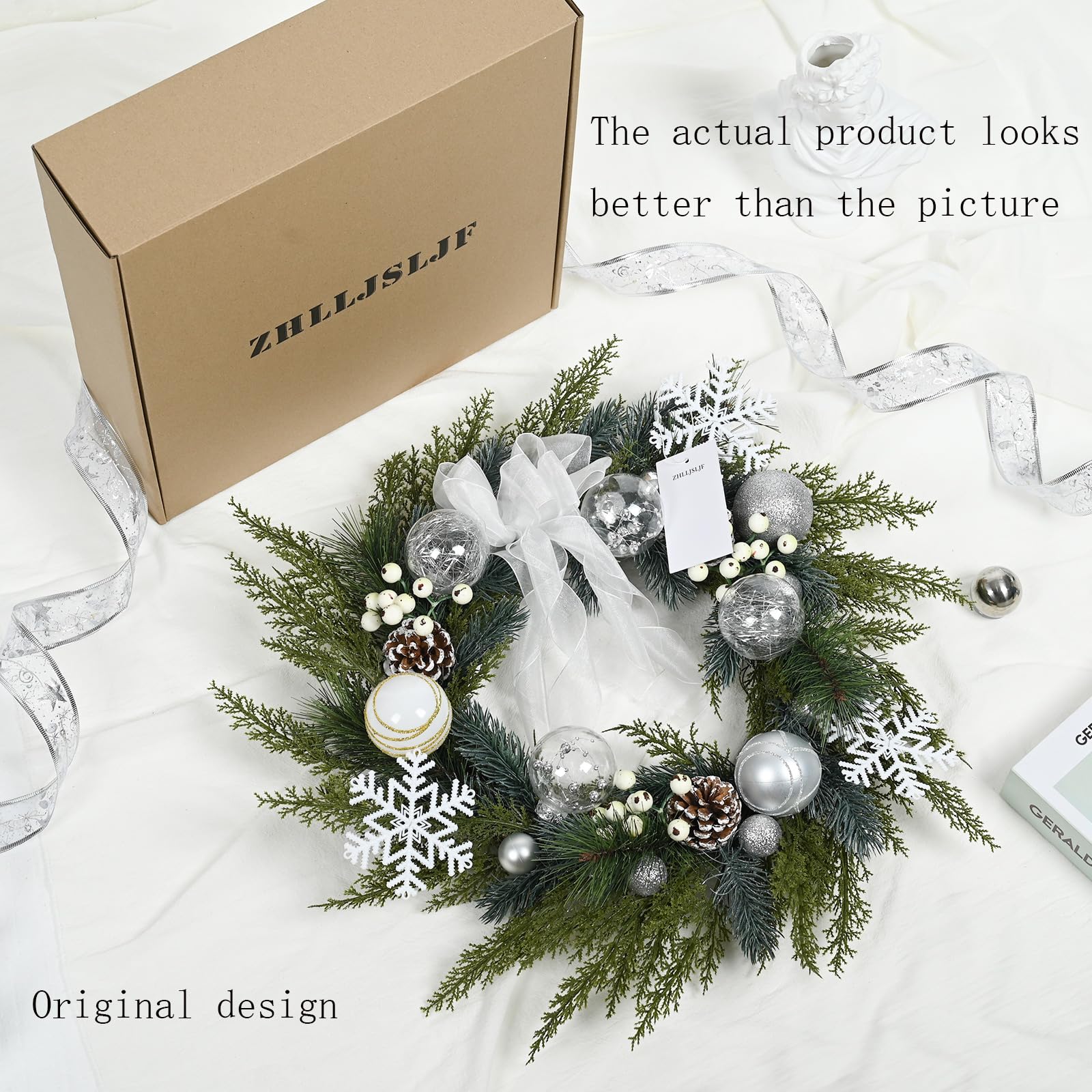 ZHLLJSLJF Christmas Wreaths with Lights for Front Door Battery Operated Wreath, Christmas Decorations Indoor Outdoor Window Wall Garage Christmas Decor Gift with Ball Bows LED Prelit Wreath 22 Inch