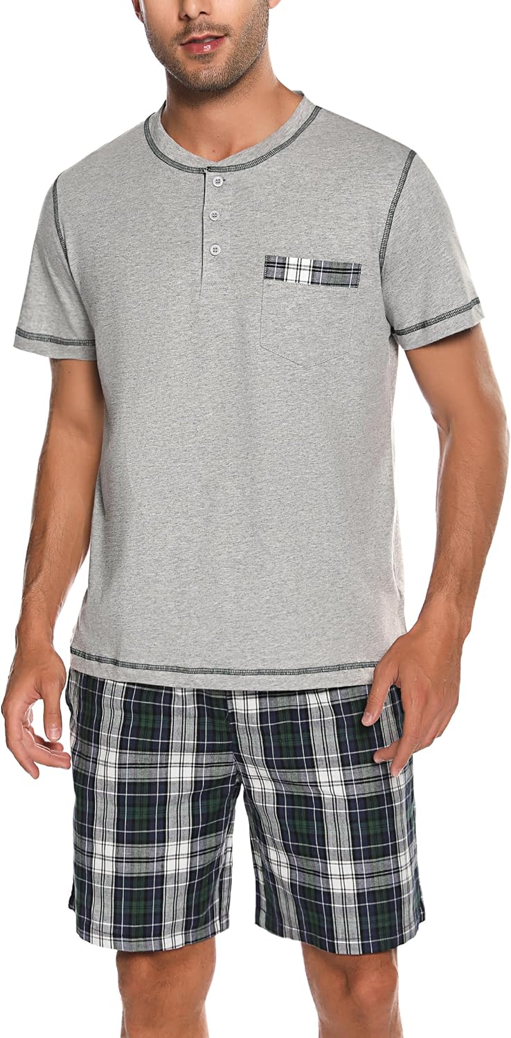 Pyjama Court Homme Été Coton – Ensemble 2 Pièces Manches Courtes Col V Boutons – Vêtements De Nuit Respirant Et Confortable – Litherday