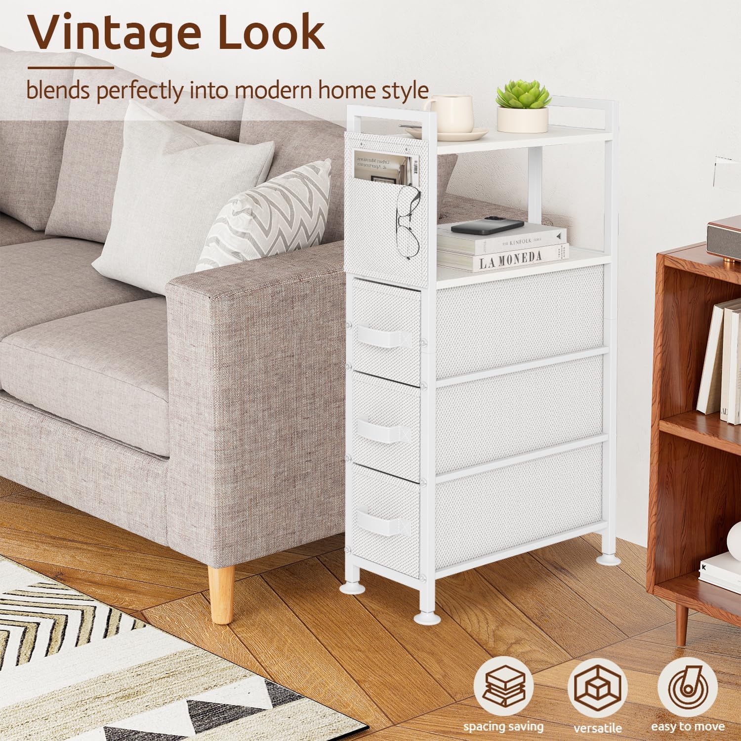 3 Drawer Small Narrow Side End Table for Small Spaces, Slim Nightstand Bedside Sofa Table with Wheels, Space Saving Skinny Thin Couch Desk with Storage Bag for Bedroom Living Room Bathroom,White - Image 7