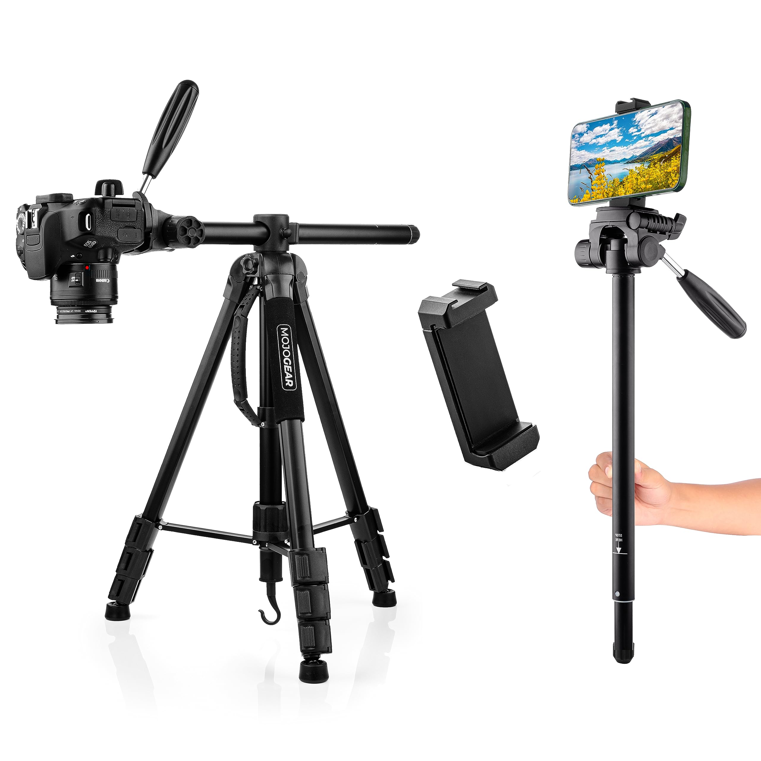 MOJOGEAR Trípode 3 en 1 de 167 cm: Trípode, Monopié y Brazo Horizontal para Tomas Superiores - con Soporte para Teléfono y Bolsa de Transporte - Tripod para Teléfono - Tripod para Cámara