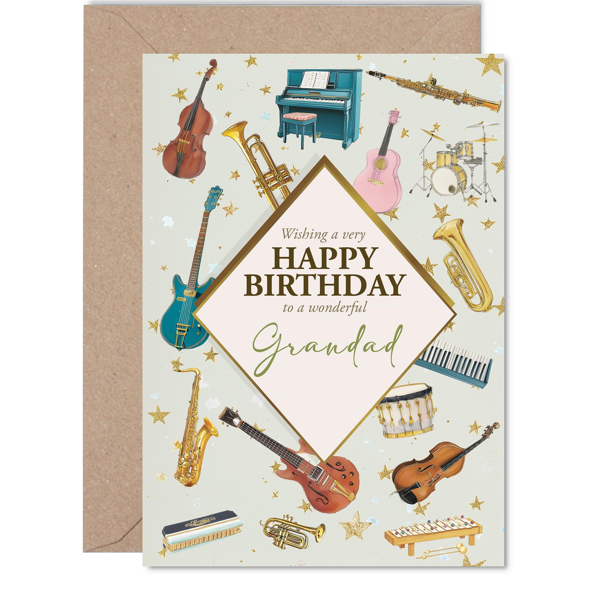 Grandad Birthday Card - Music Lover - Happy Birthday Card for Grandad from Grandson Granddaughter, 5x7 Inch Bass Acoustic Electric Guitar Bday Greeting Cards