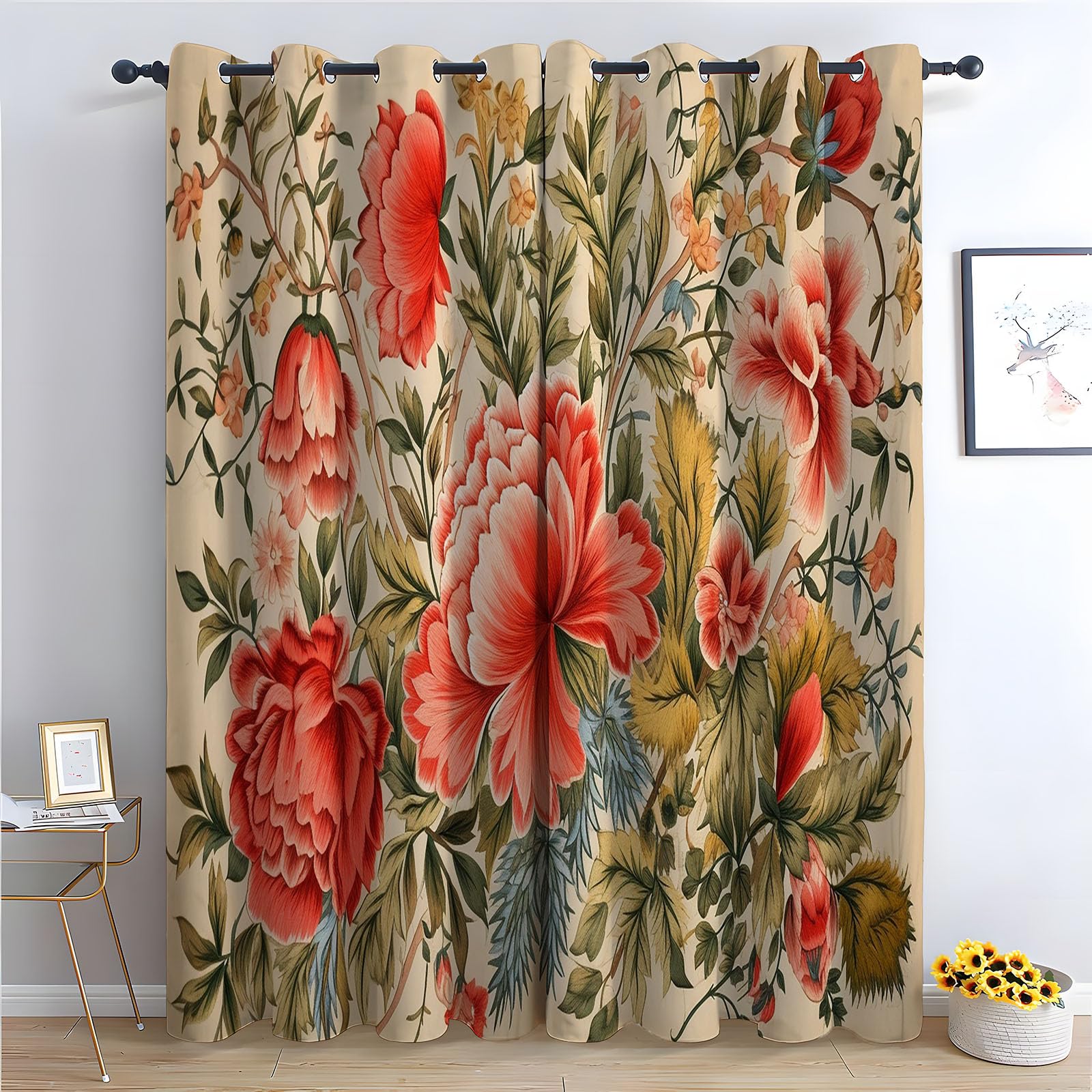 TERUEA Forest Curtains Red peony flower green leaf classic botanical Thermal Insulated 80% Blackout Curtains Print Pattern Room Darkening Window Drapes for Bedroom Living Room-52"W x 72"L (Pack of 2)