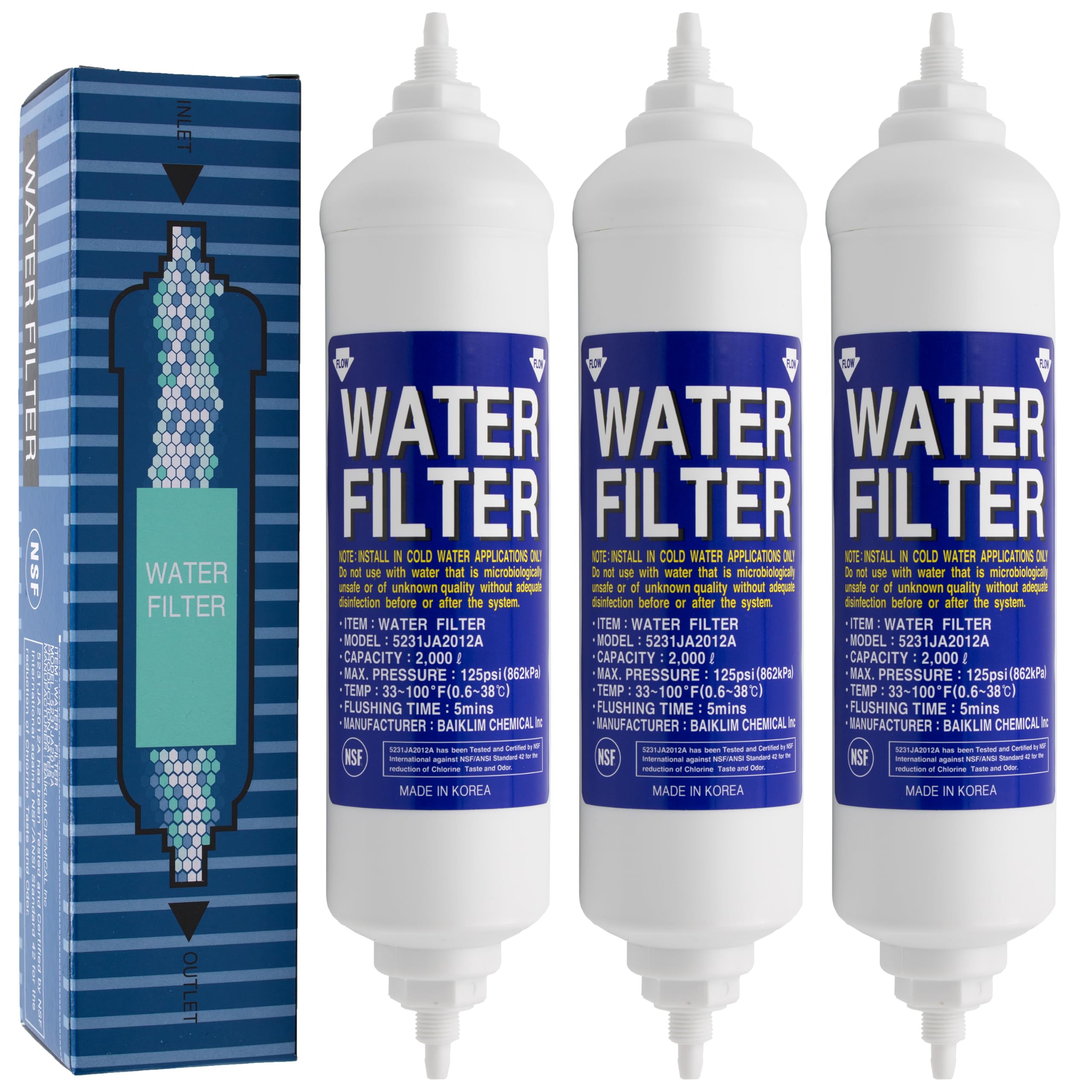 Water Filter 5231JA2012A | Pack de 3 - Filtro de agua compatible con LG frigorífico americano - Sustituye los modelos 5231JA2012B, BL9808, BL-9808 - Cartucho filtrante externo conexión roscada