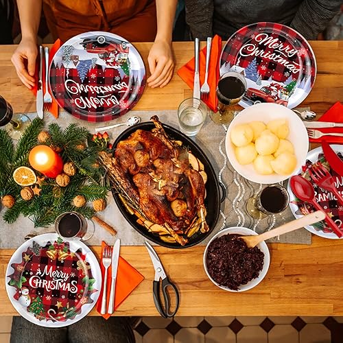 Miniatura 6 de TEMEISI Juego de platos desechables de Navidad, 226 piezas de suministros de fiesta de cumpleaños de Navidad, juego de vajilla desechable (25