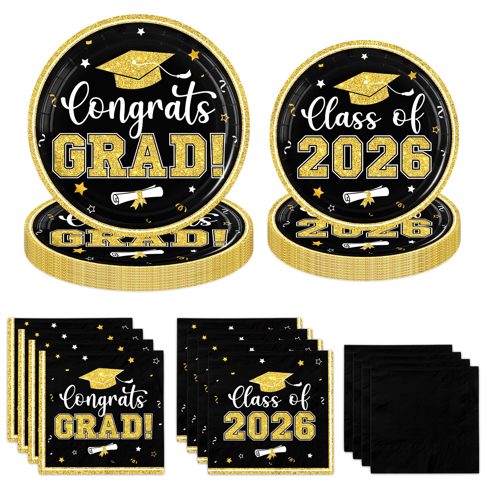 Black and Gold Graduation Decorations,200pcs Black and Gold Graduation Paper Plates and Napkins,Class of 2026 Plates for Grad Party Decorations,Serve