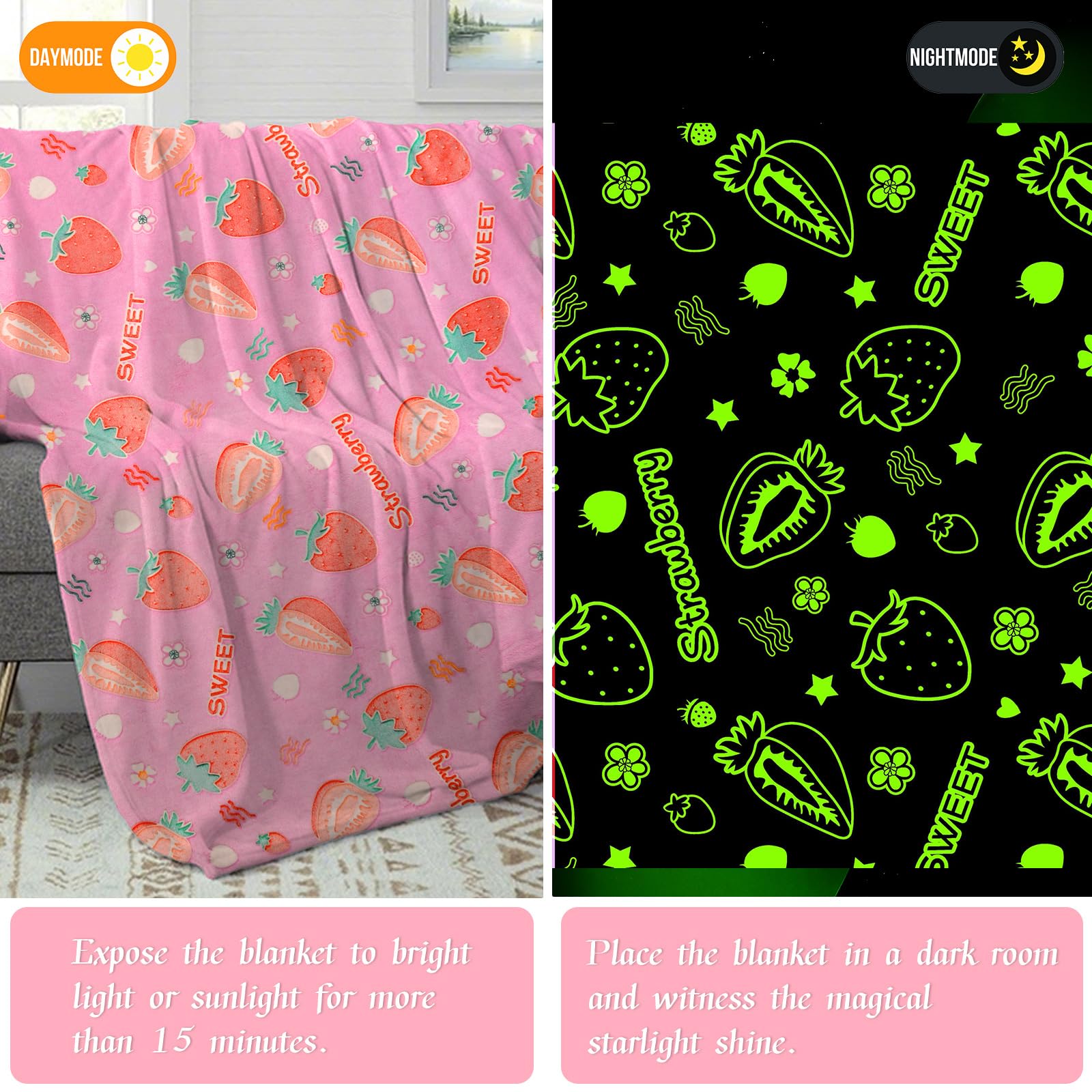 LXTOPN Cuddly Blanket for Children Girls Blanket Glow in the Dark Children's Blanket with Strawberry Pattern Fluffy Blanket Gift for 3 4 5 6 7 8 9 Years - Image 3