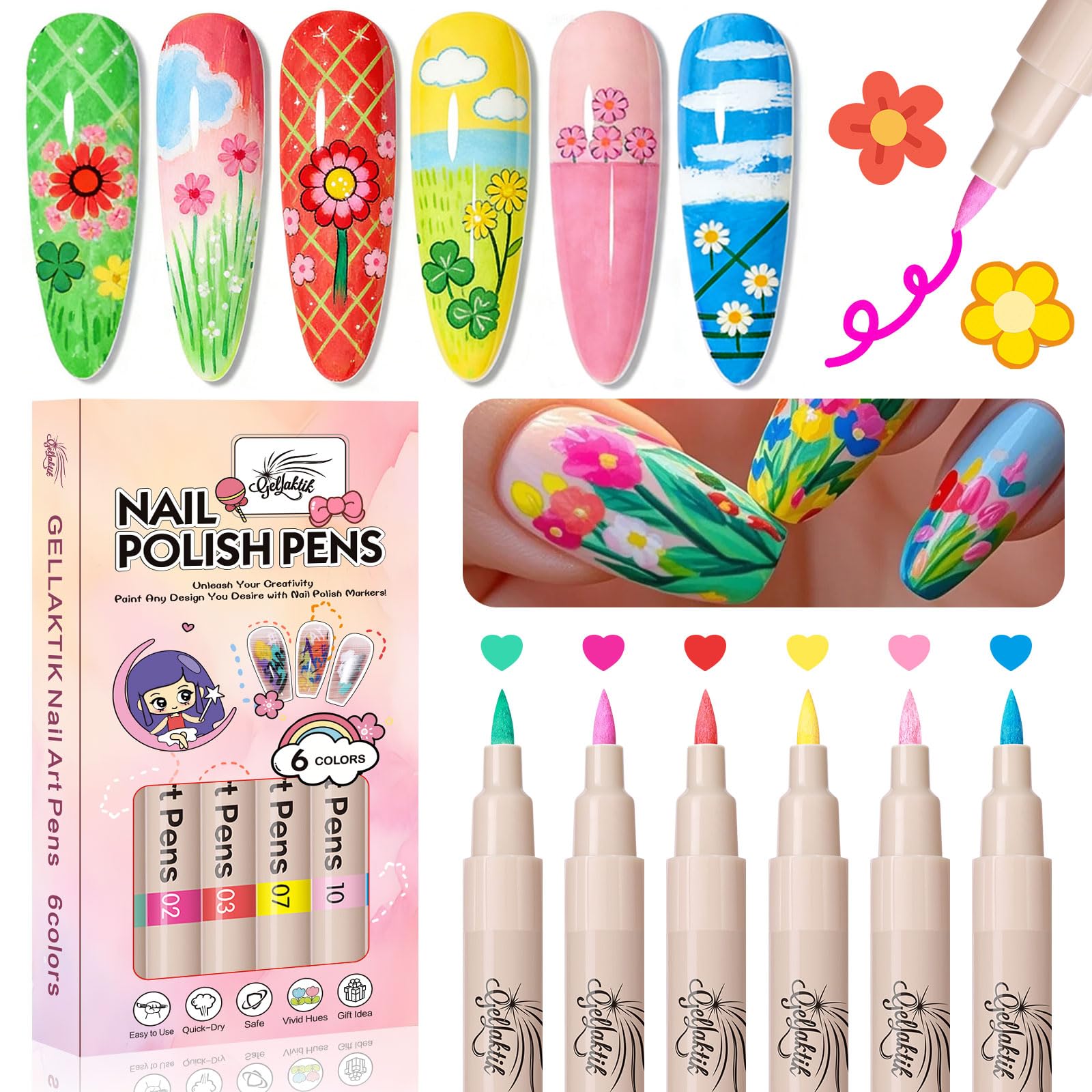 6 Colors Nail Art Pens Set 3D Nail Polish Pens Quick-Drying Acrylic Paint Markers Dotting Liner Brush for